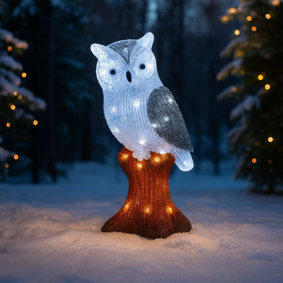 Lexi Lighting acrylic owl Christmas décor with white light-up body, orange base, silver glitter wings