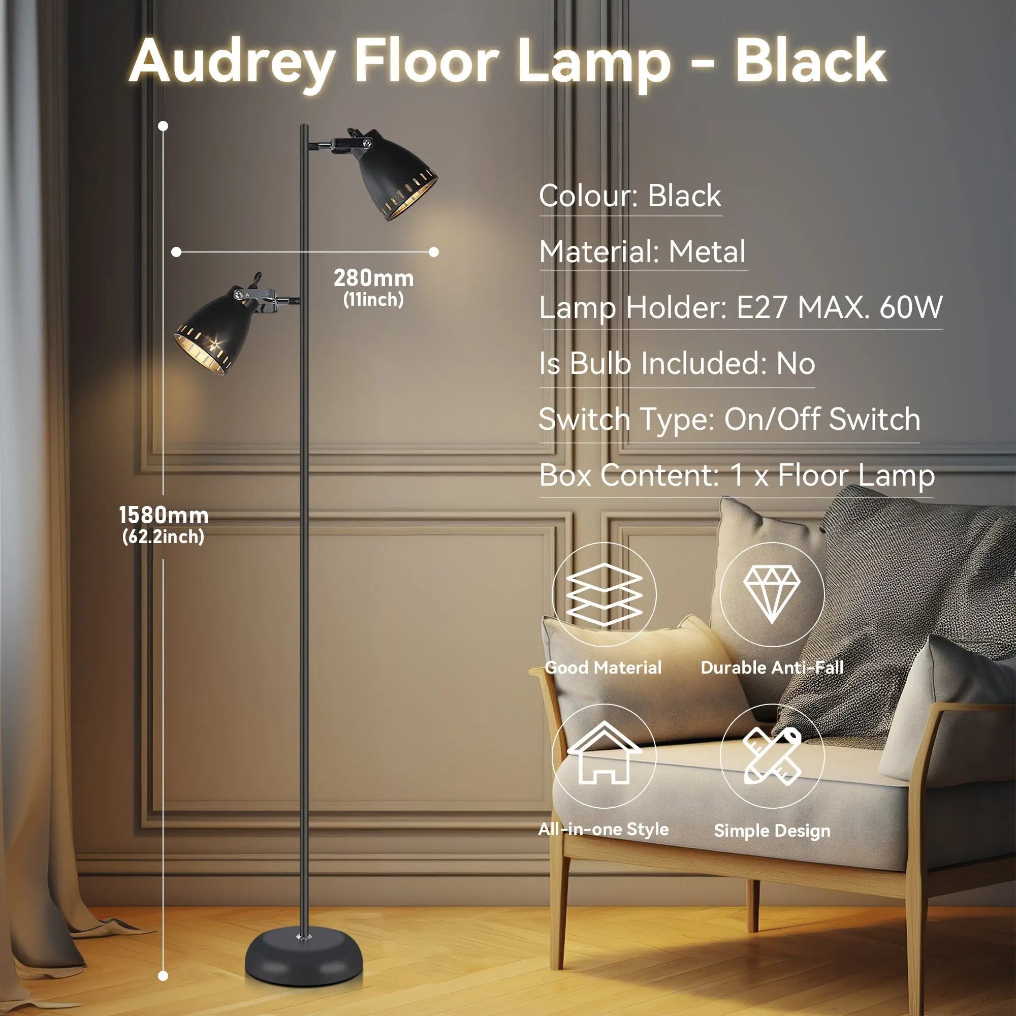 Lexi Lighting Audrey floor lamp black with adjustable dual-head arm