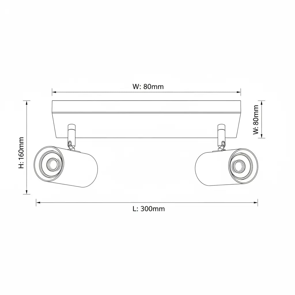 Black and white technical dimension diagram of a two-light linear track fixture with adjustable heads and mounting brackets, showing measurements for width (W: 80mm), height (H: 160mm), and total length (L: 300mm).