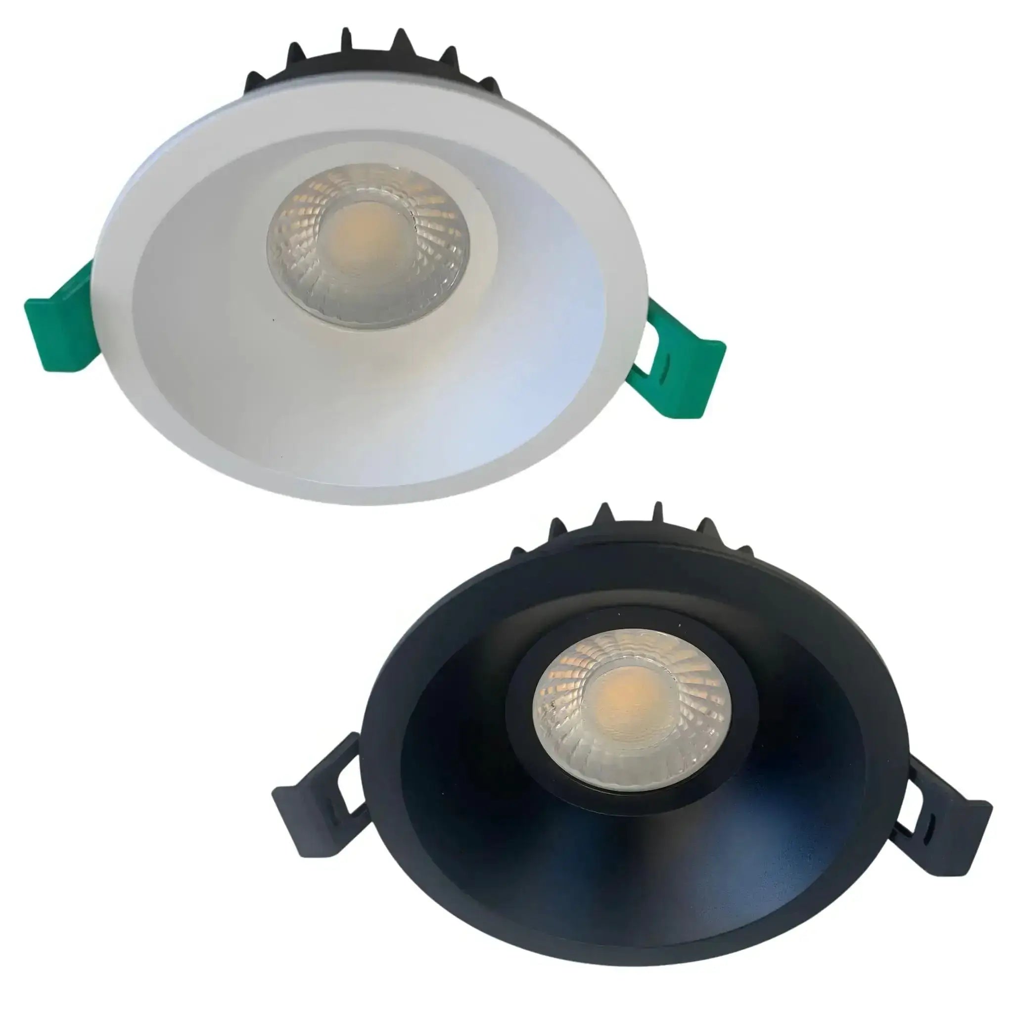 Tasman 10W low glare LED downlight with 90mm cut-out in black and white