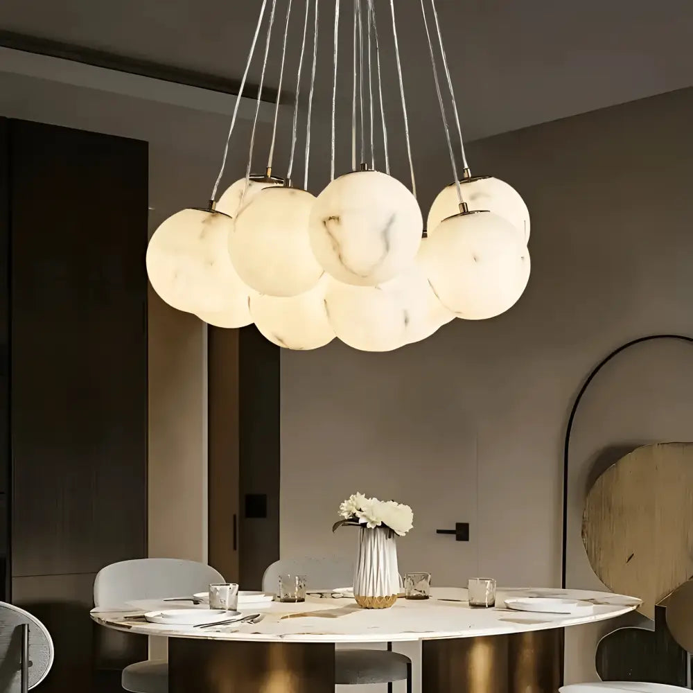 Green Earth Lighting Australia Chandeliers MADISON Cloud Brass 13 Light Alabaster Orb Pendant 20848