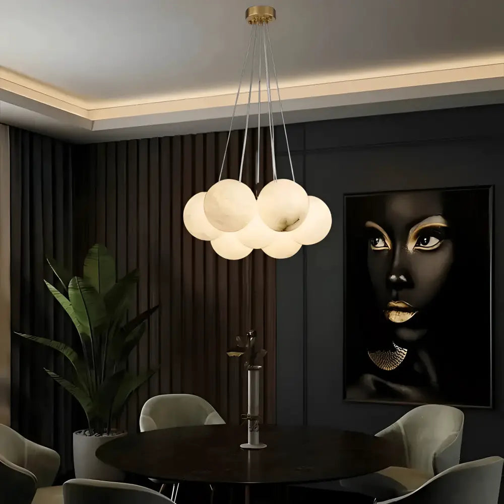 Green Earth Lighting Australia Chandeliers MADISON Cloud Brass 7 Light Alabaster Orb Pendant 20847