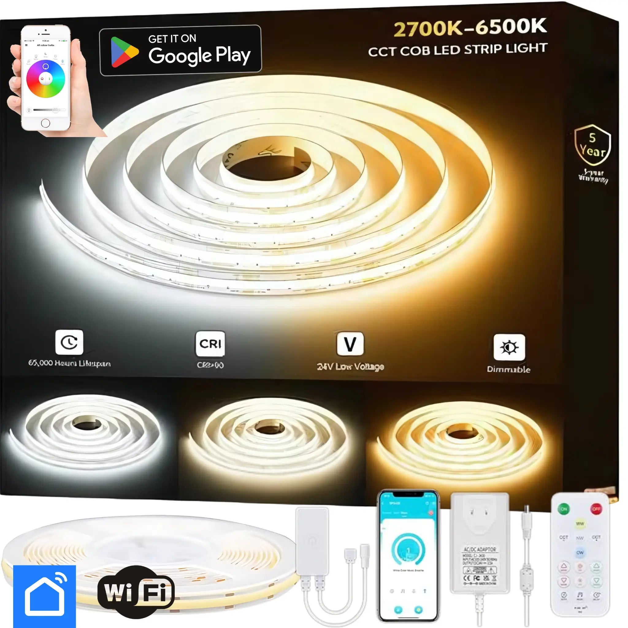 Tunable White Cob Strip Light Kit Dotless 10w Smart