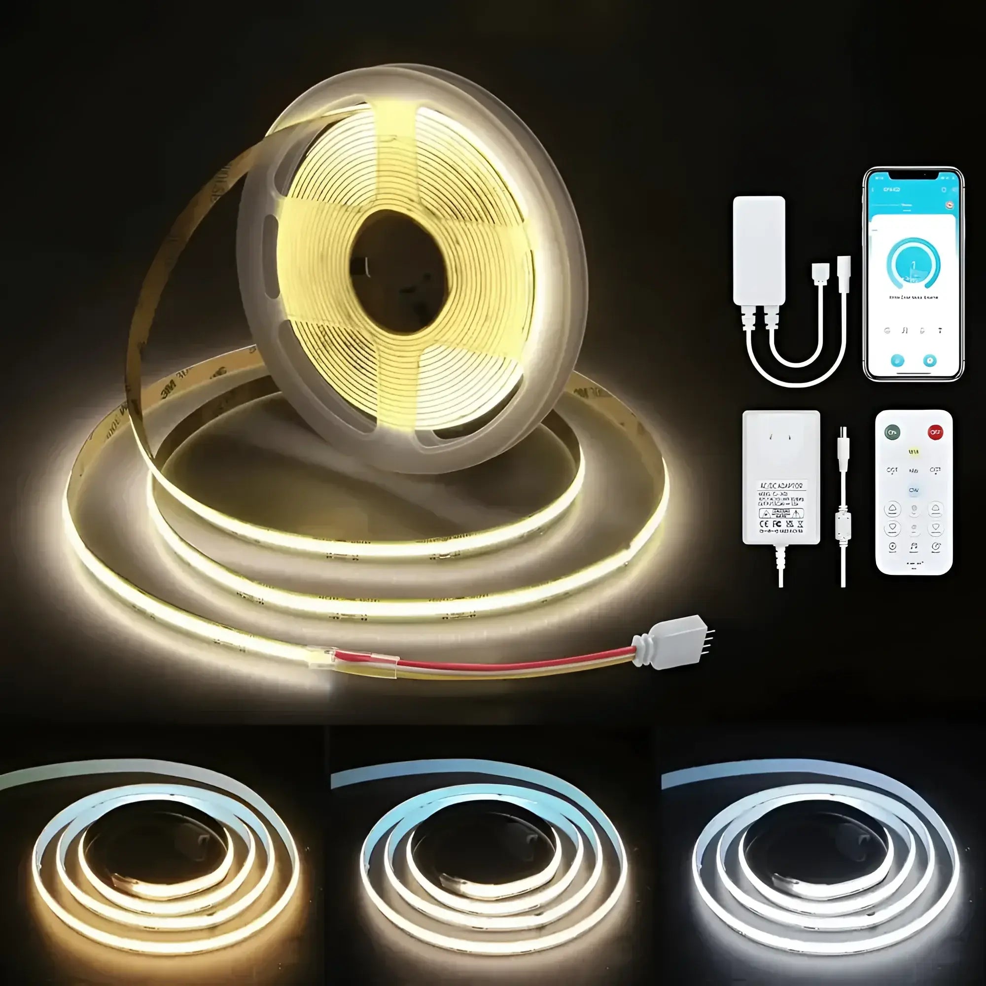 Smart-Tune CCT tri-colour selectable COB LED strip kit with remote app control 