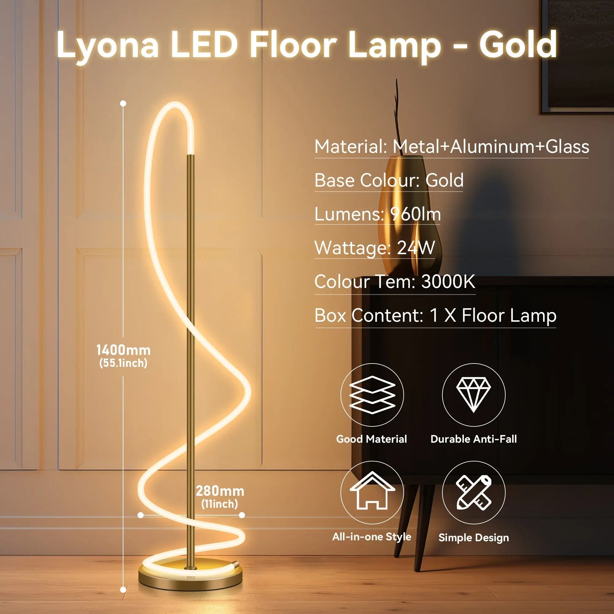 Lyona Led Floor Lamp - Gold Lexi Lighting
