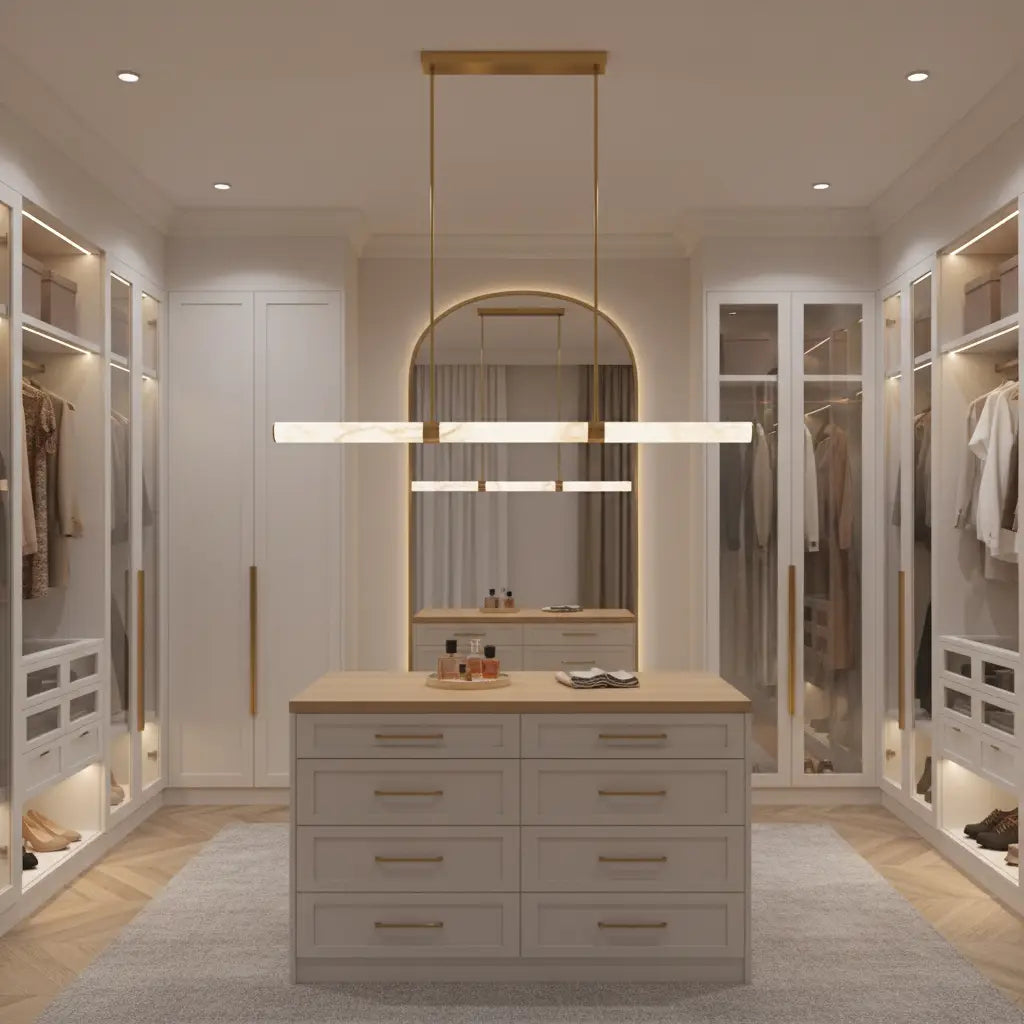 Madison 1500mm Brass Alabaster Spanish Marble LED Pendant Light In luxury wardrobe