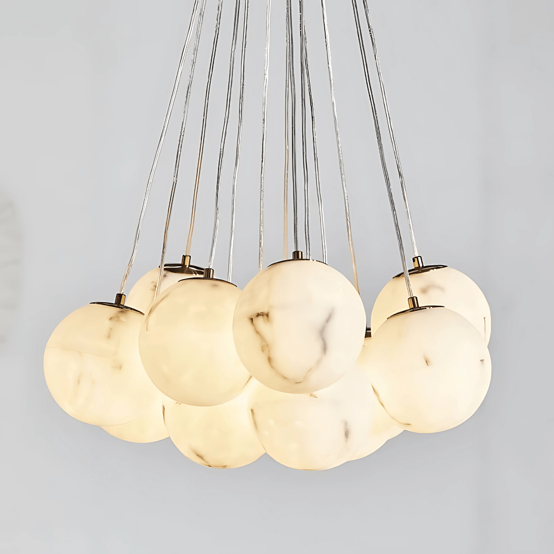 Green Earth Lighting Australia Chandeliers MADISON Cloud Brass 13 Light Alabaster Orb Pendant 20848