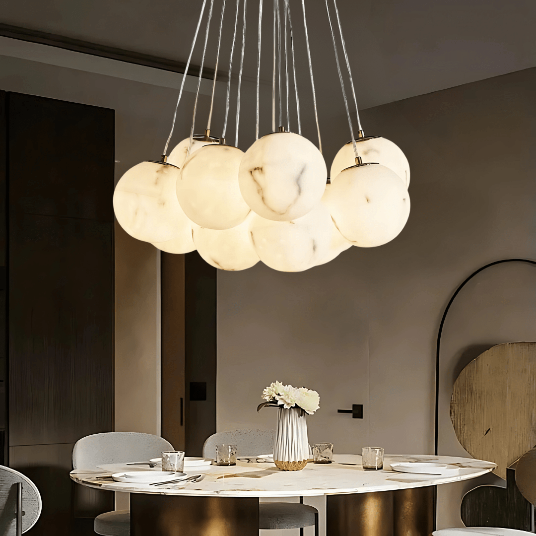 Green Earth Lighting Australia Chandeliers MADISON Cloud Brass 13 Light Alabaster Orb Pendant 20848