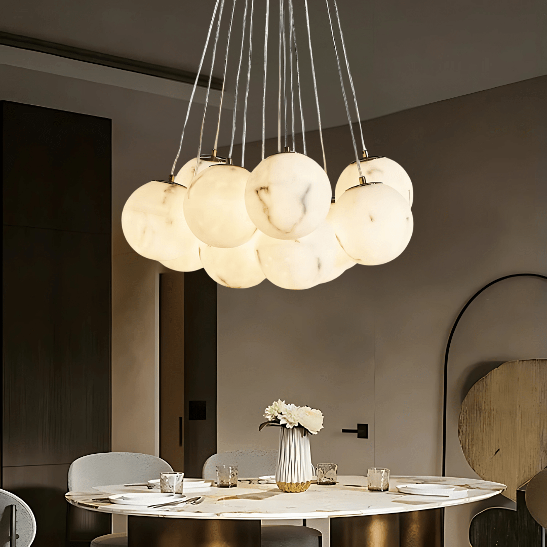 Green Earth Lighting Australia Chandeliers MADISON Cloud Brass 13 Light Alabaster Orb Pendant 20848