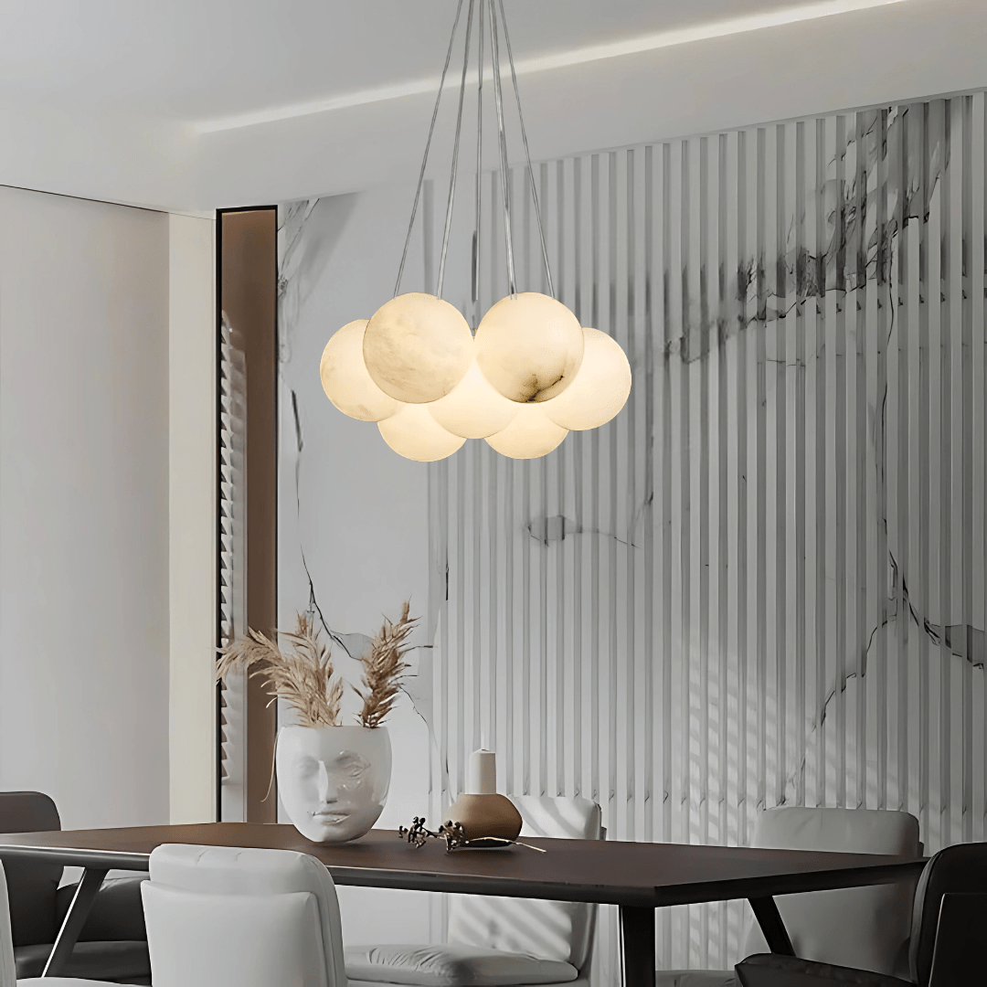 Green Earth Lighting Australia Chandeliers MADISON Cloud Brass 7 Light Alabaster Orb Pendant 20847