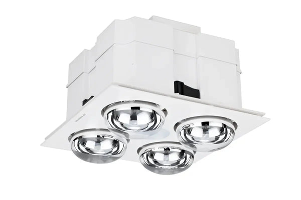Martec Forme 4 light 3-in-1 bathroom heater with white recessed ceiling fixture, chrome bulbs, black switch