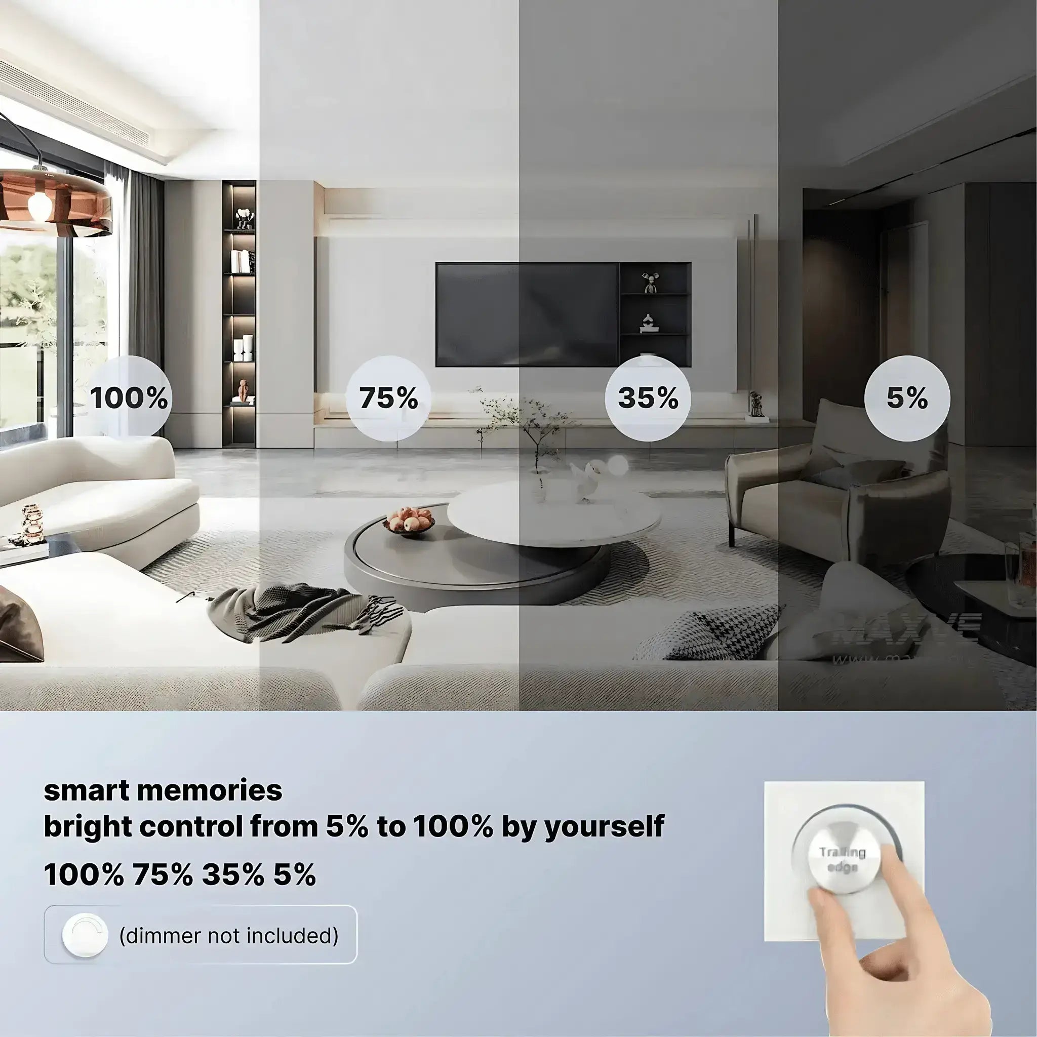 Dimming demonstration of 13W LED Downlight 90mm - Tri-Colour Dimmable showing brightness levels from 5% to 100% with smart memory function.