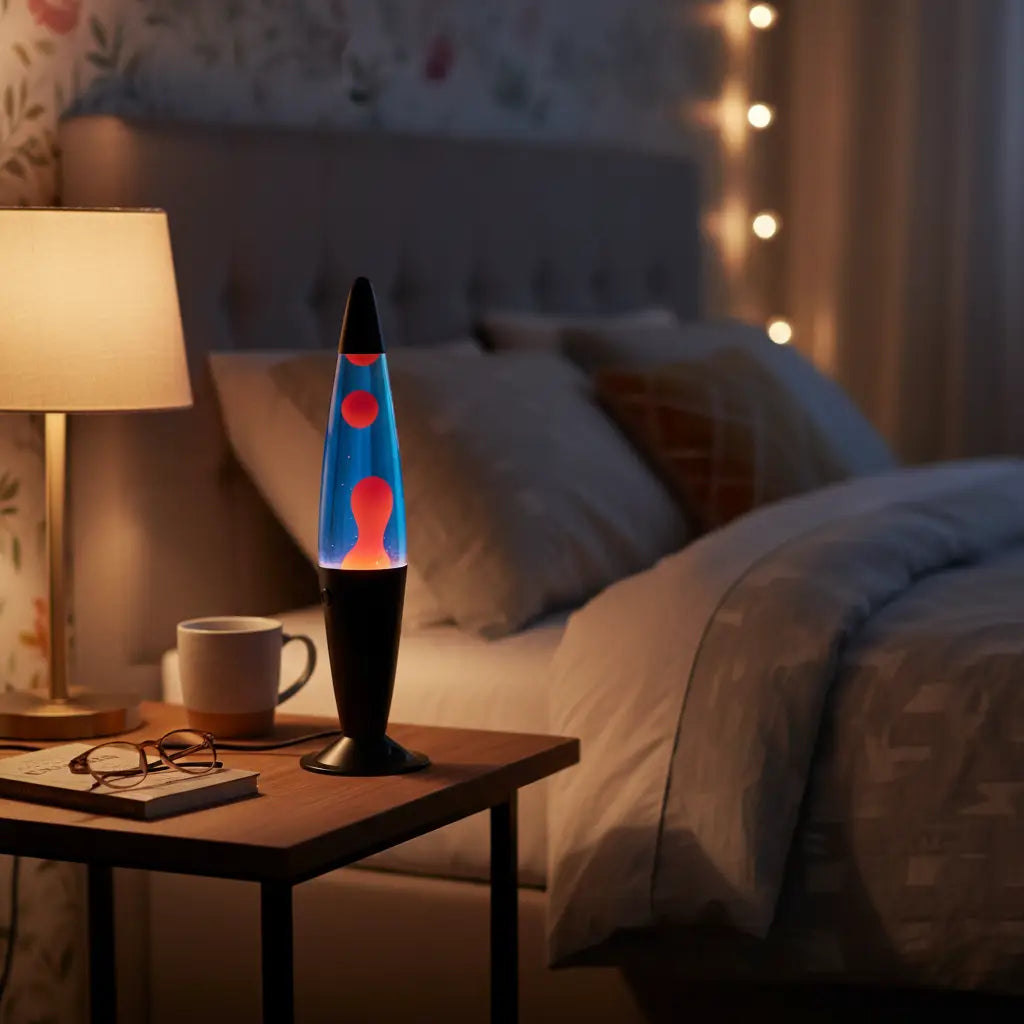 Lava lamp on a bedside table lit up ratio 1:1 MDI black blue red peace motion