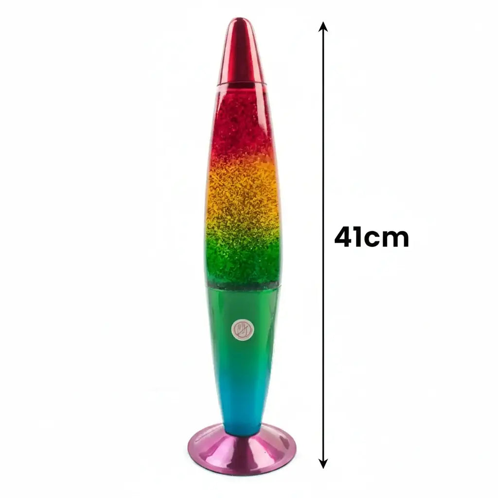 MDI Rainbow glitter lava lamp lit up on a desk ratio 1:1