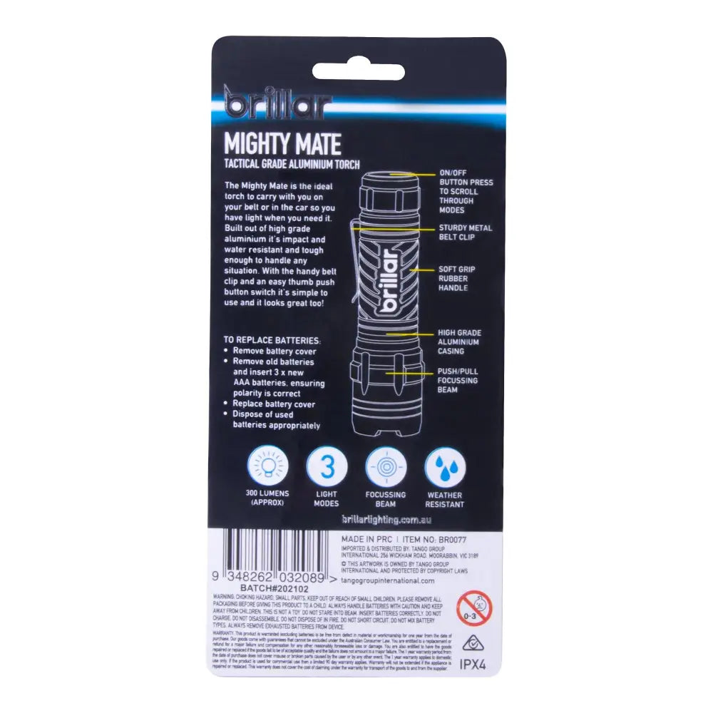 Brillar Electrical Mighty Mate - 300 Lumen Battery Torch BR0077