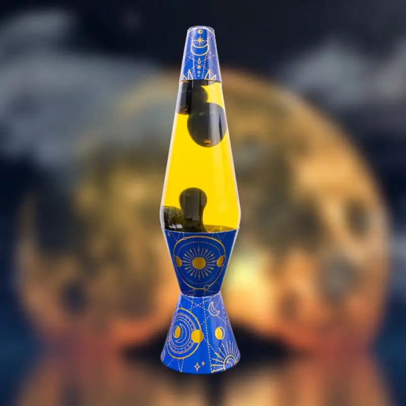 Lava lamp with celestial design on a blurred celestial background