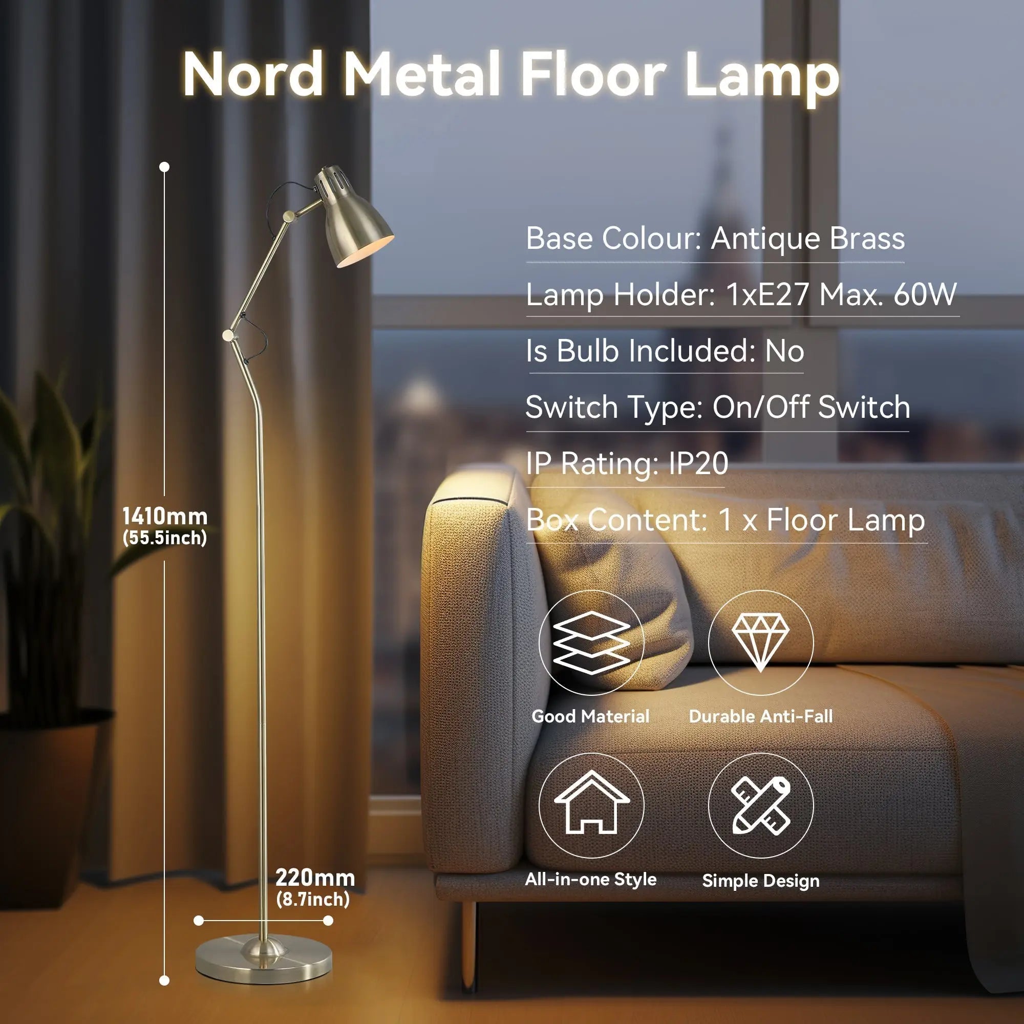 Nord Metal Floor Lamp - Antique Brass Lexi Lighting