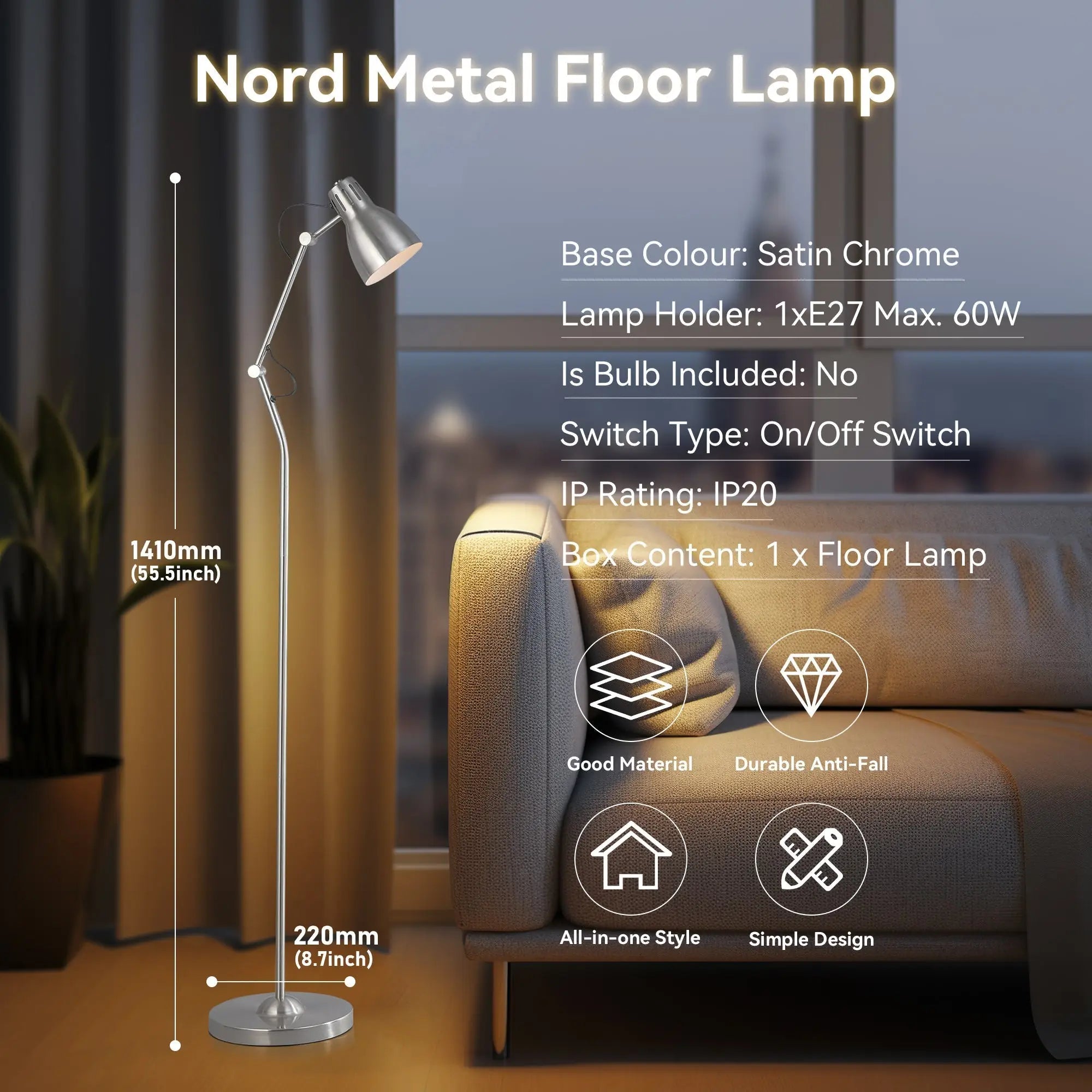 Nord Metal Floor Lamp - Satin Chrome Lexi Lighting