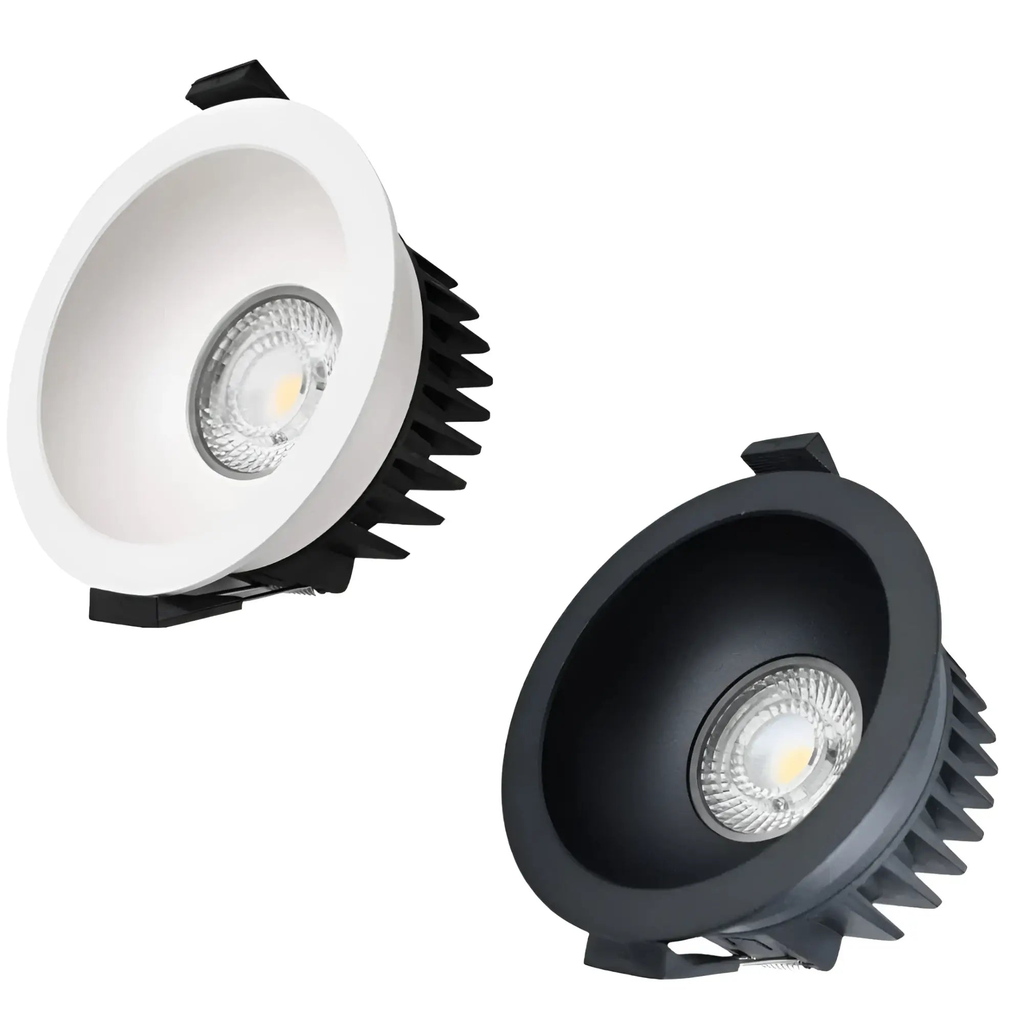Nullarbor 13W tri-colour dimmable LED downlight with black white heat sinks