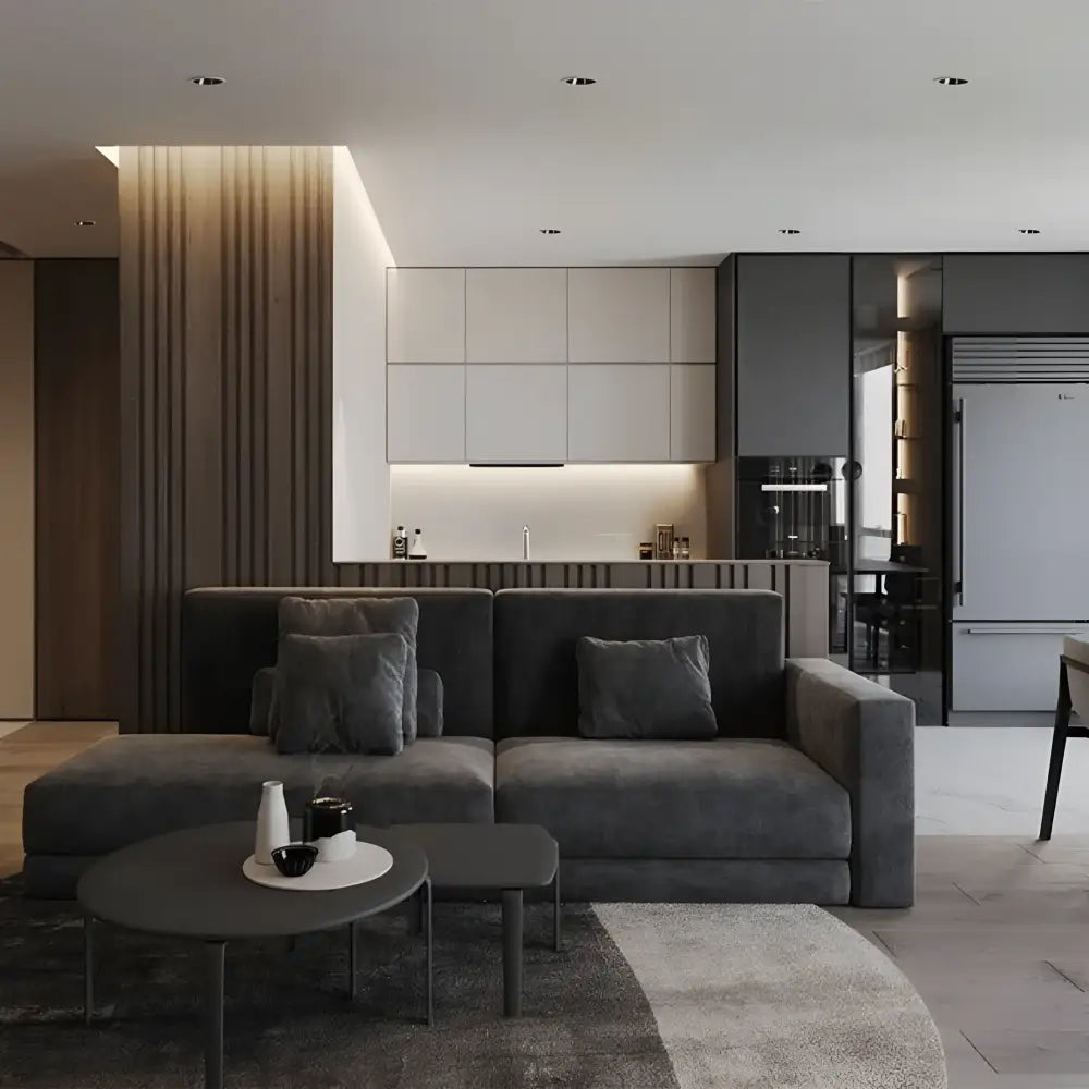 Modern 12W tiltable trimless LED downlight with gray sofa display