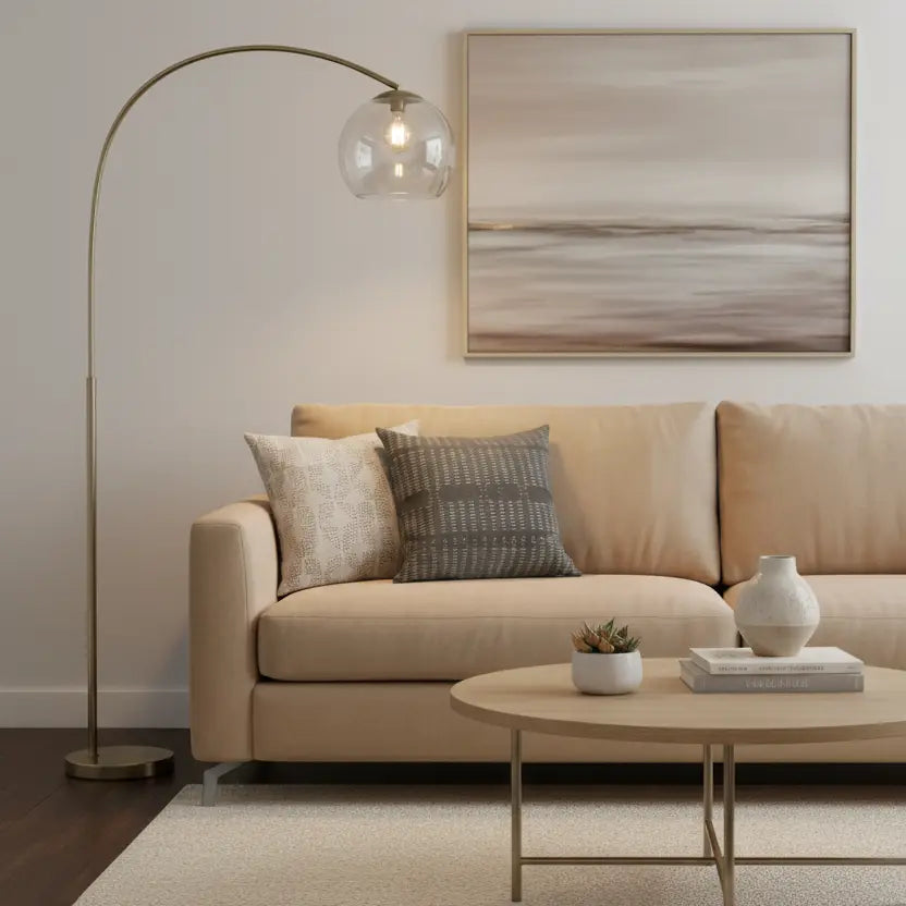 Oriel Over Arc Antique Brass Floor Lamp with Acrylic Shade