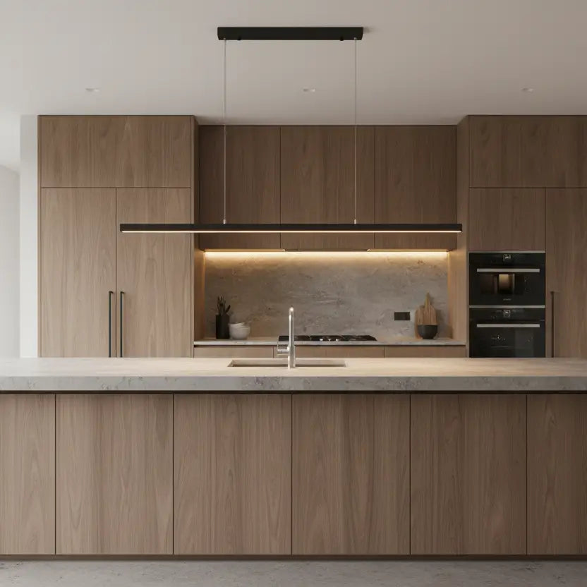A modern kitchen interior with light oak wood cabinetry, a marble countertop and backsplash, a oriel shard black linear pendant light, and built-in black appliances including a double oven.