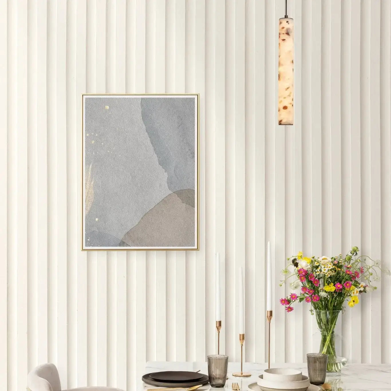 Dining room with marble table, chairs, and wall art and Panora Light.