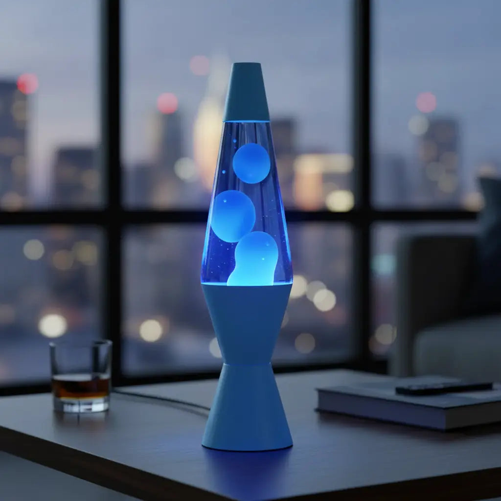 Blue Lava lamp hero product image ratio 1:1 light up in an apartment
