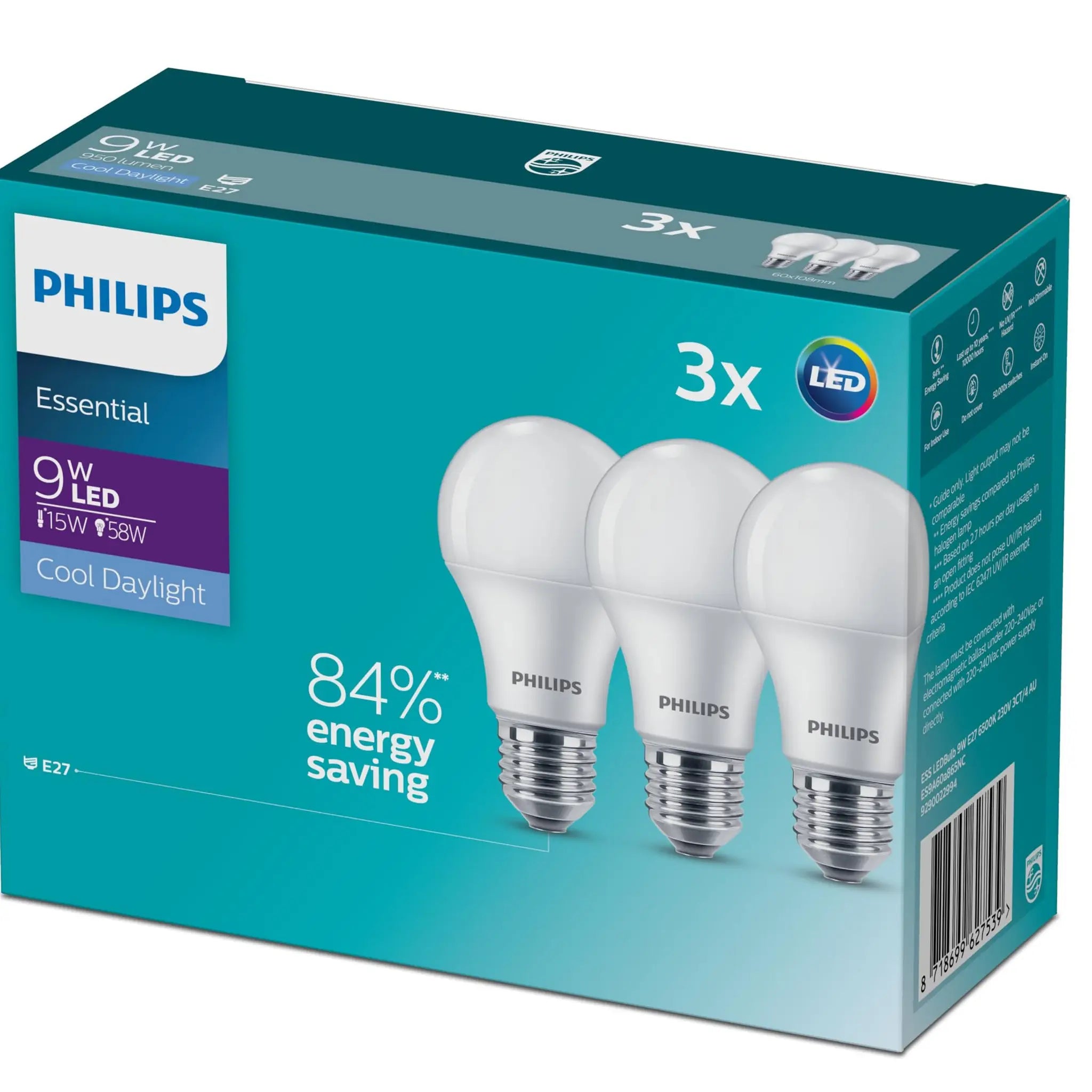 Philips A60 E27 9W LED 950Lm Cool Daylight GLS Globe - 3 Pack