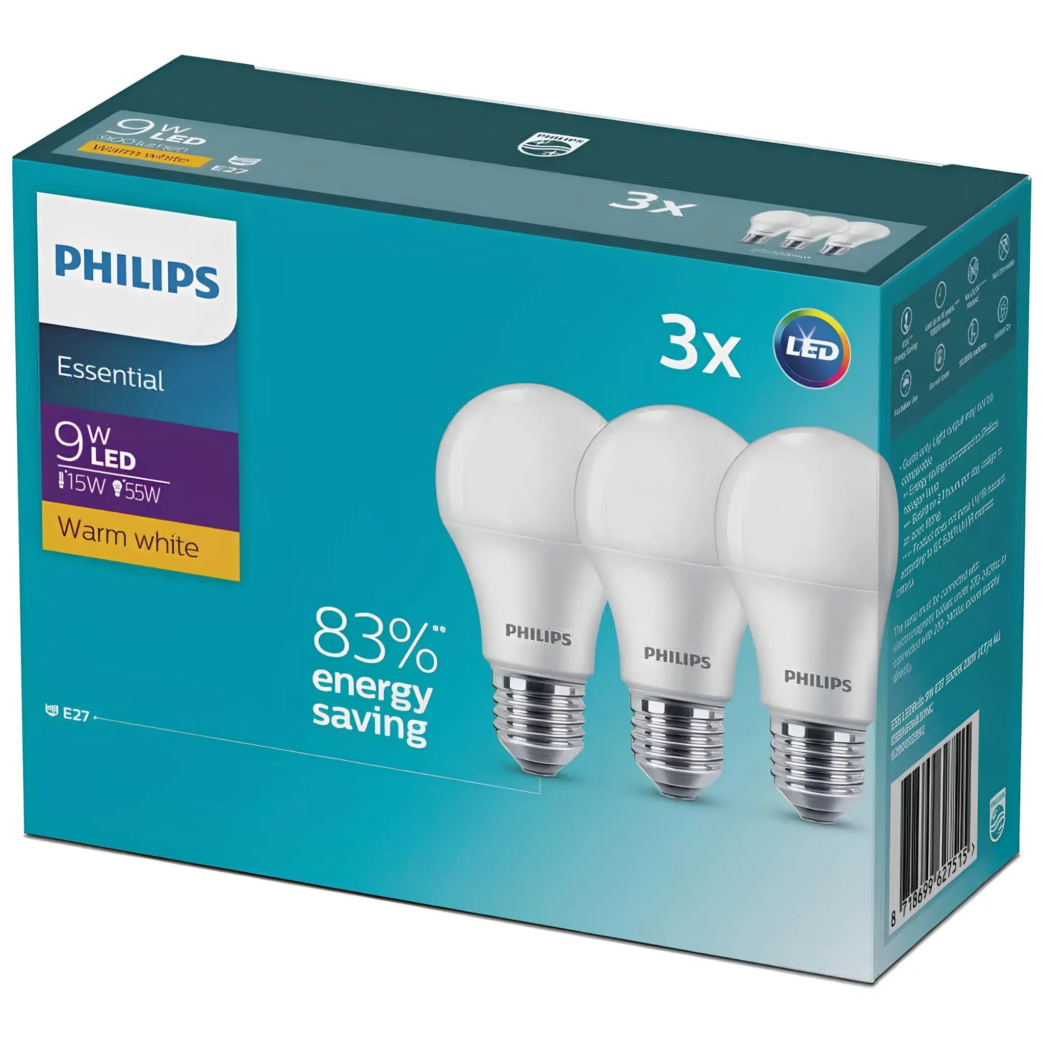 Philips A60 E27 9W LED 950Lm Warm White GLS Globe - 3 Pack