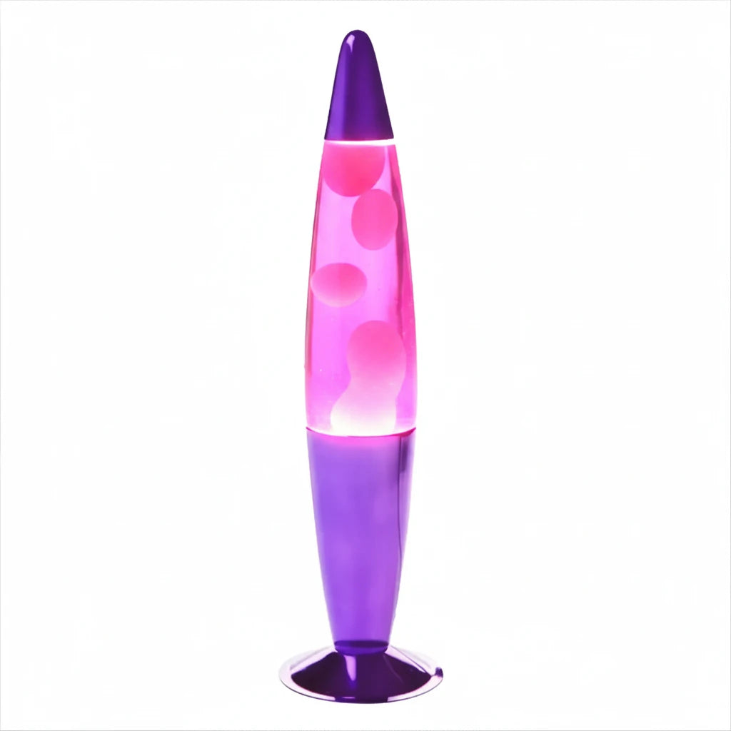 A purple pink metallic peace motion lava lamp with purple liquid and flowing red wax in a purple metallic base