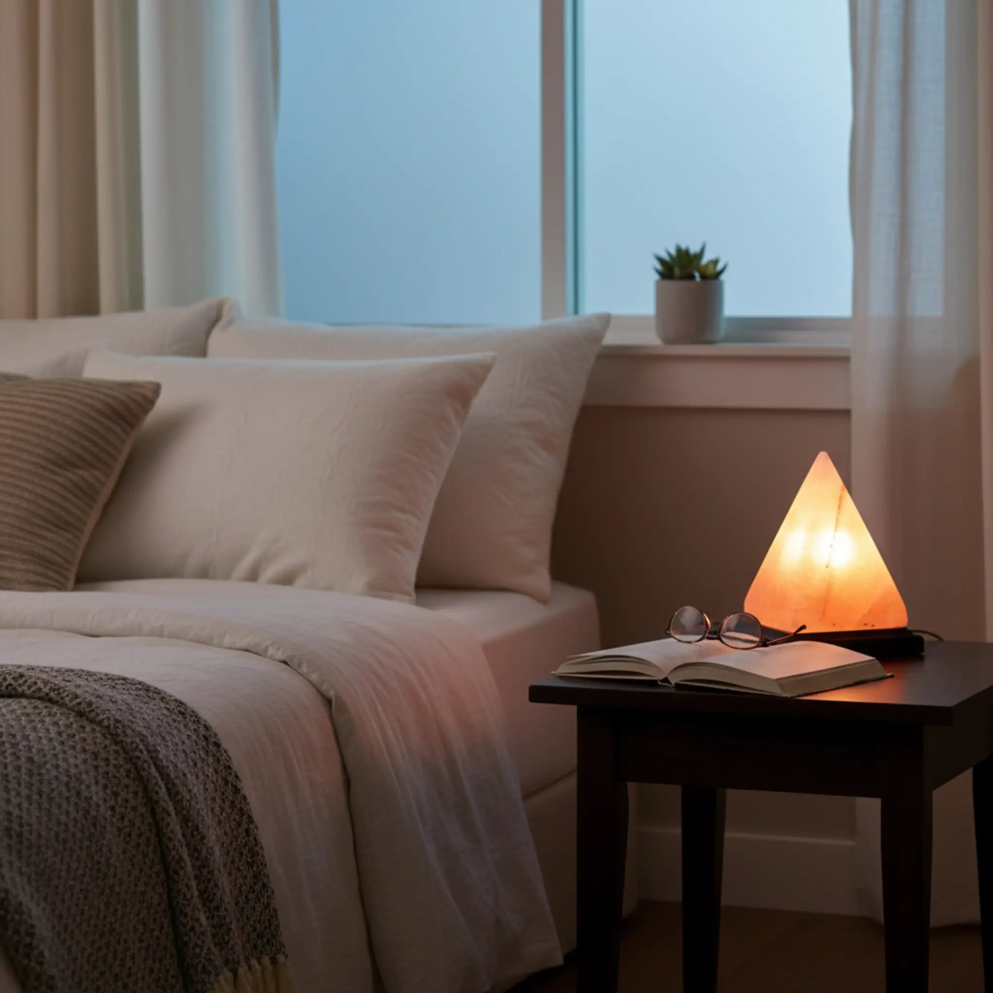 Pyramid himalayan salt lamp Cozy bedroom with bed, nightstand, and lamp