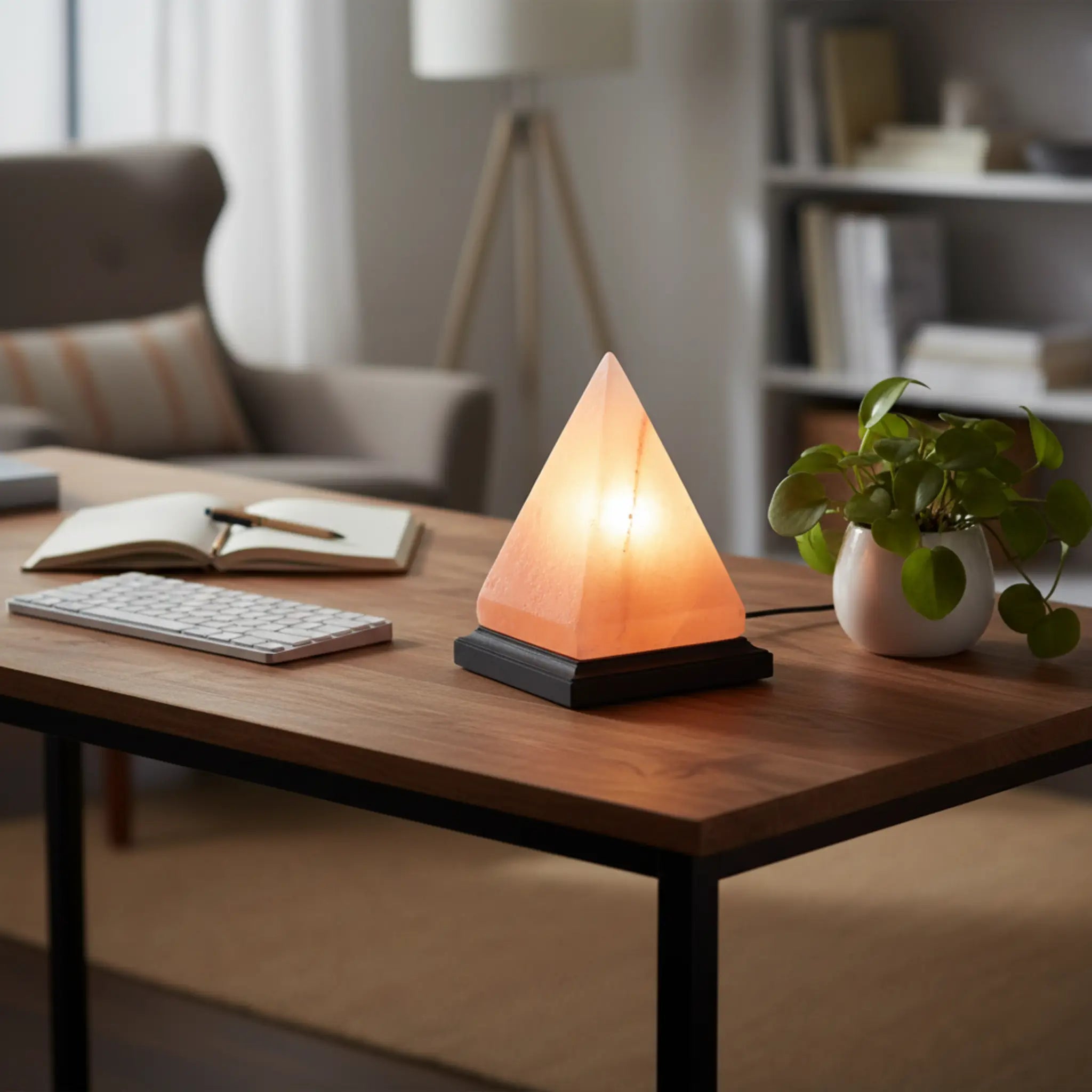Pyramid-shaped lamp on a wooden table in a cozy living room setting.