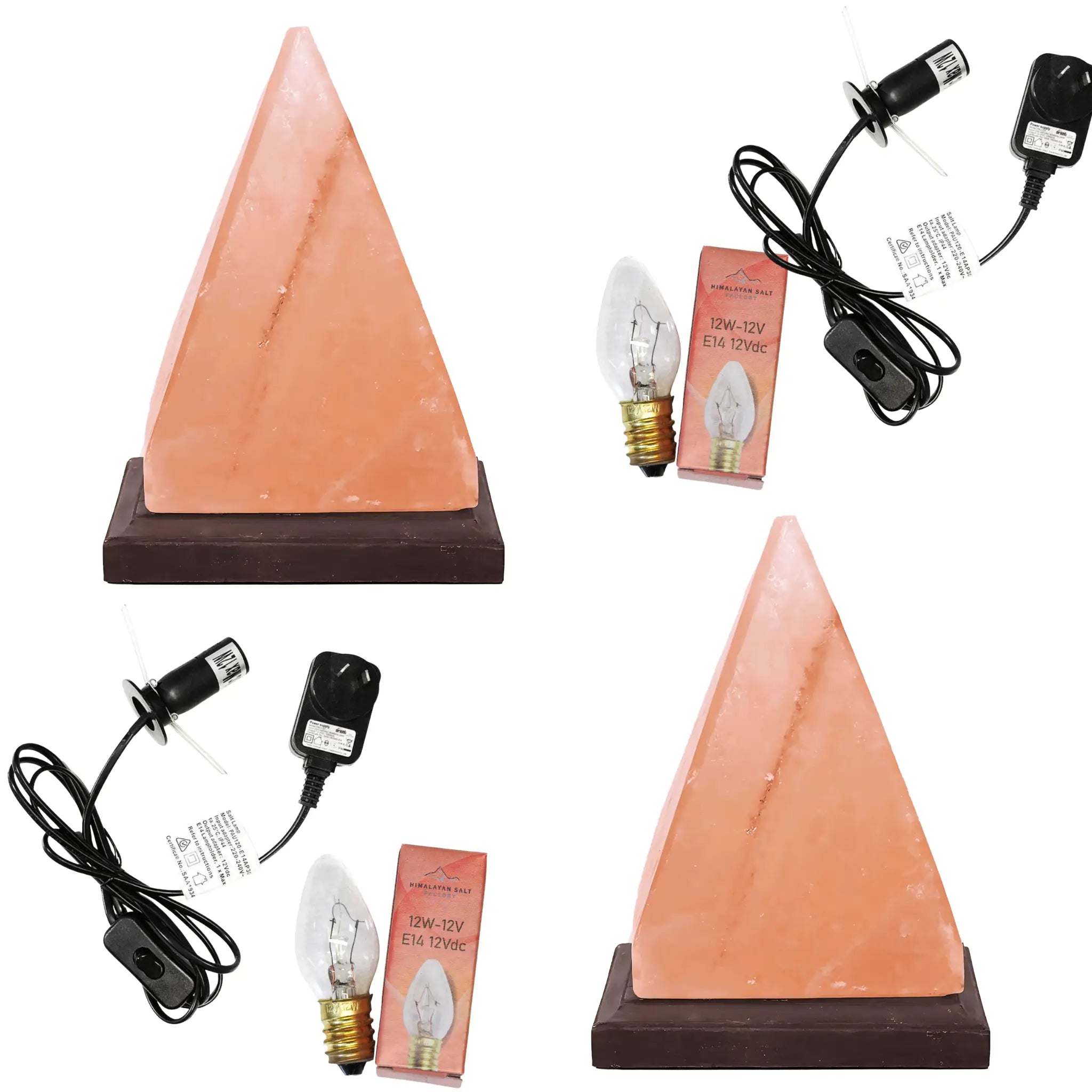 Two pyramid-shaped pink salt lamps with bulbs and power cords on a white background