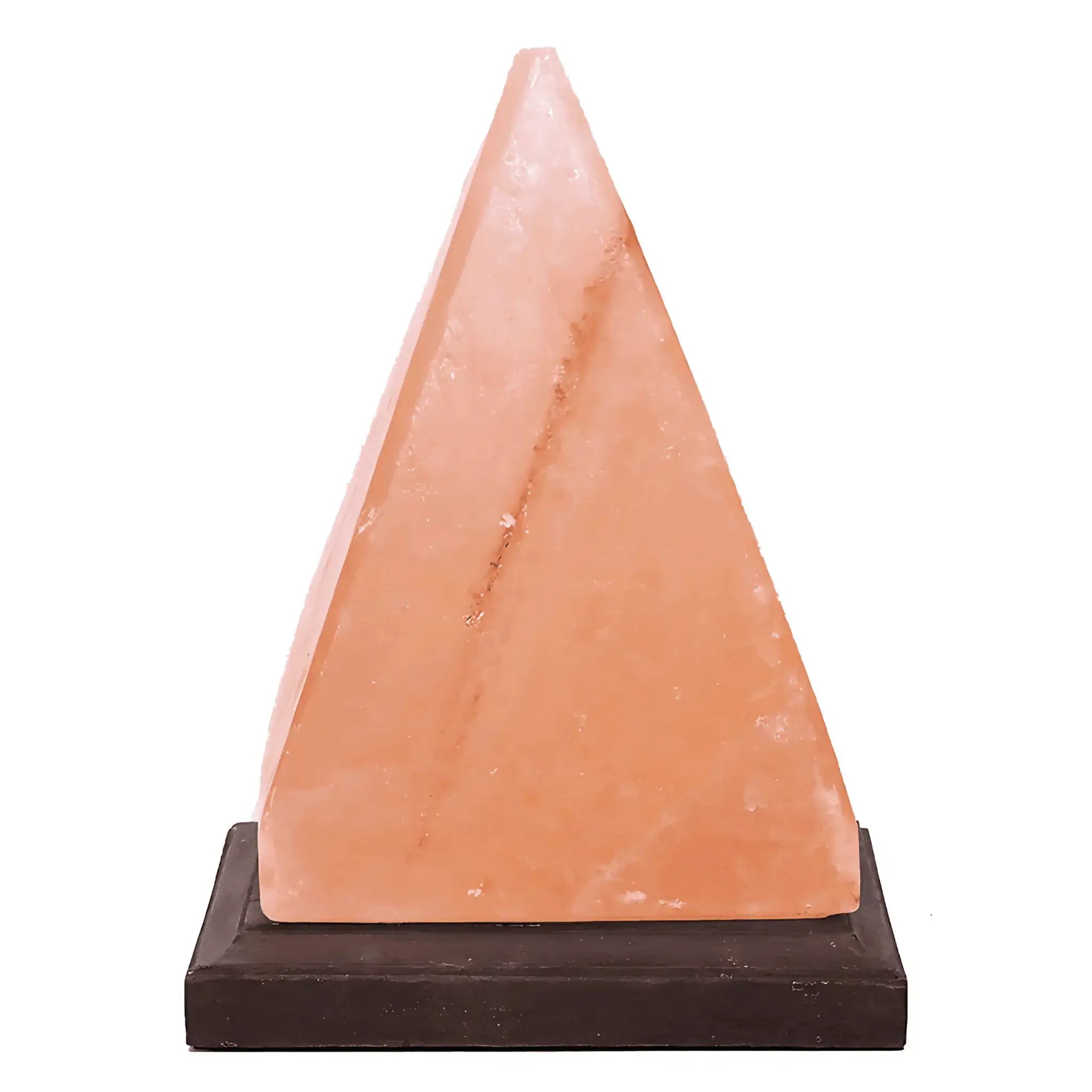 Pyramid-shaped pink crystal on a black base against a white background