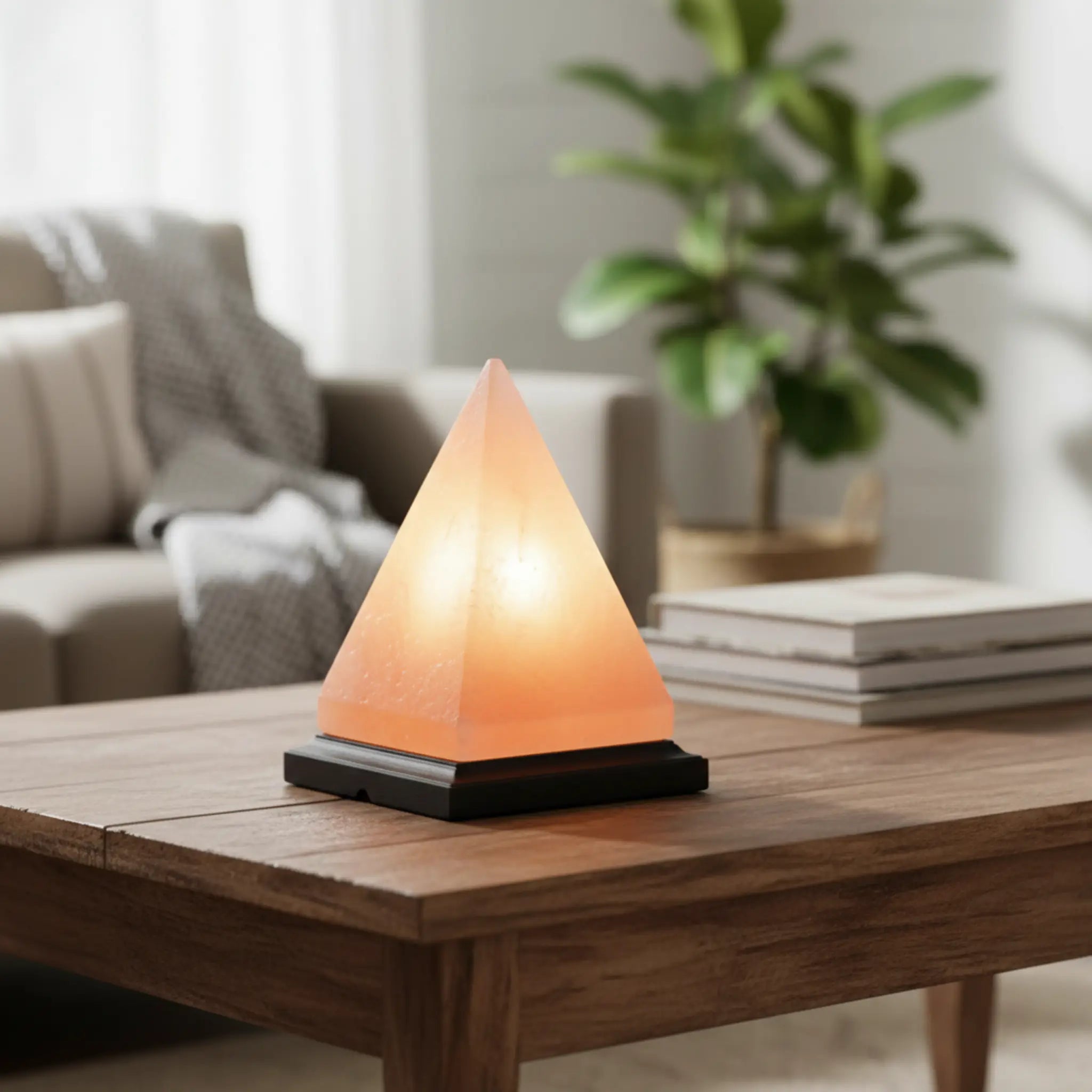 Pyramid-shaped salt lamp on a wooden table with a blurred living room background