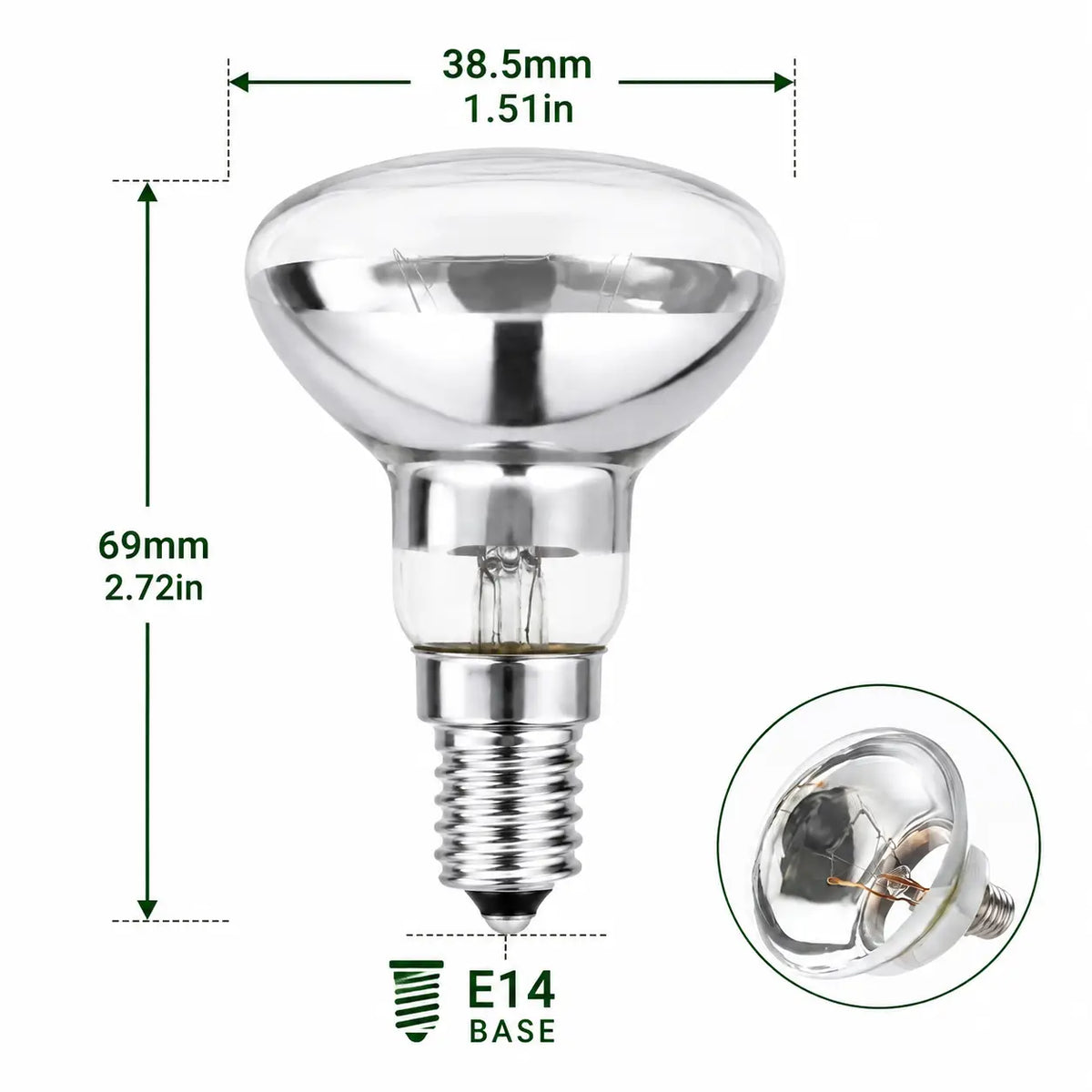     R39 30W E14 lava lamp replacement bulb dimensions – 38.5mm wide x 69mm high