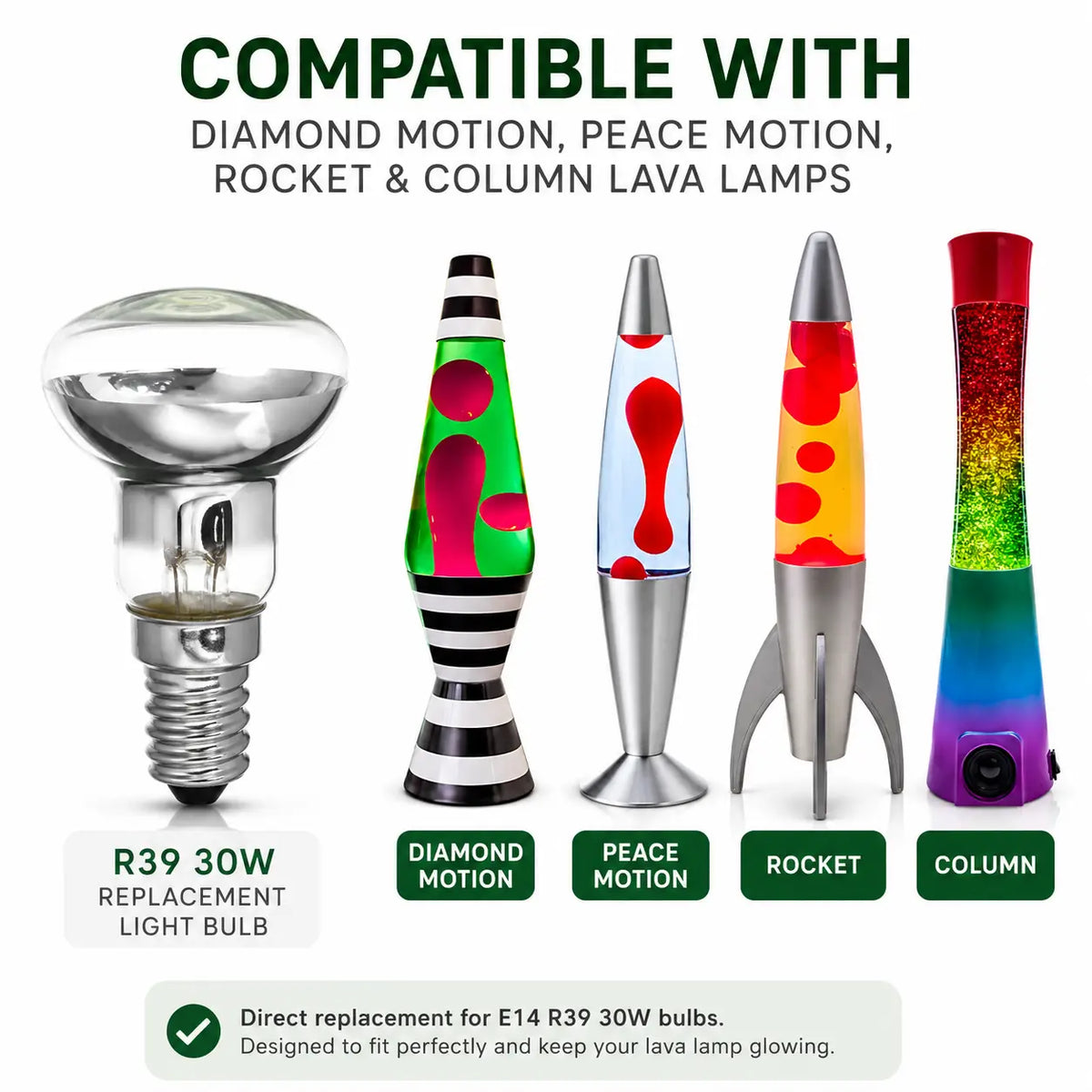     R39 30W E14 replacement bulb compatible with Diamond Motion, Peace Motion, Rocket and Column lava lamps