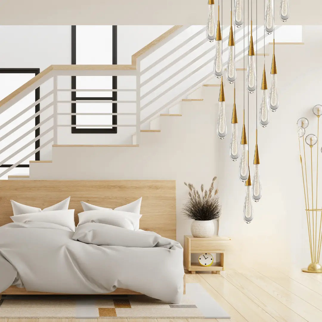 Modern white and gold bed with wooden headboard beneath virelle gold crystal chandelier pendant light 23-light luxury design