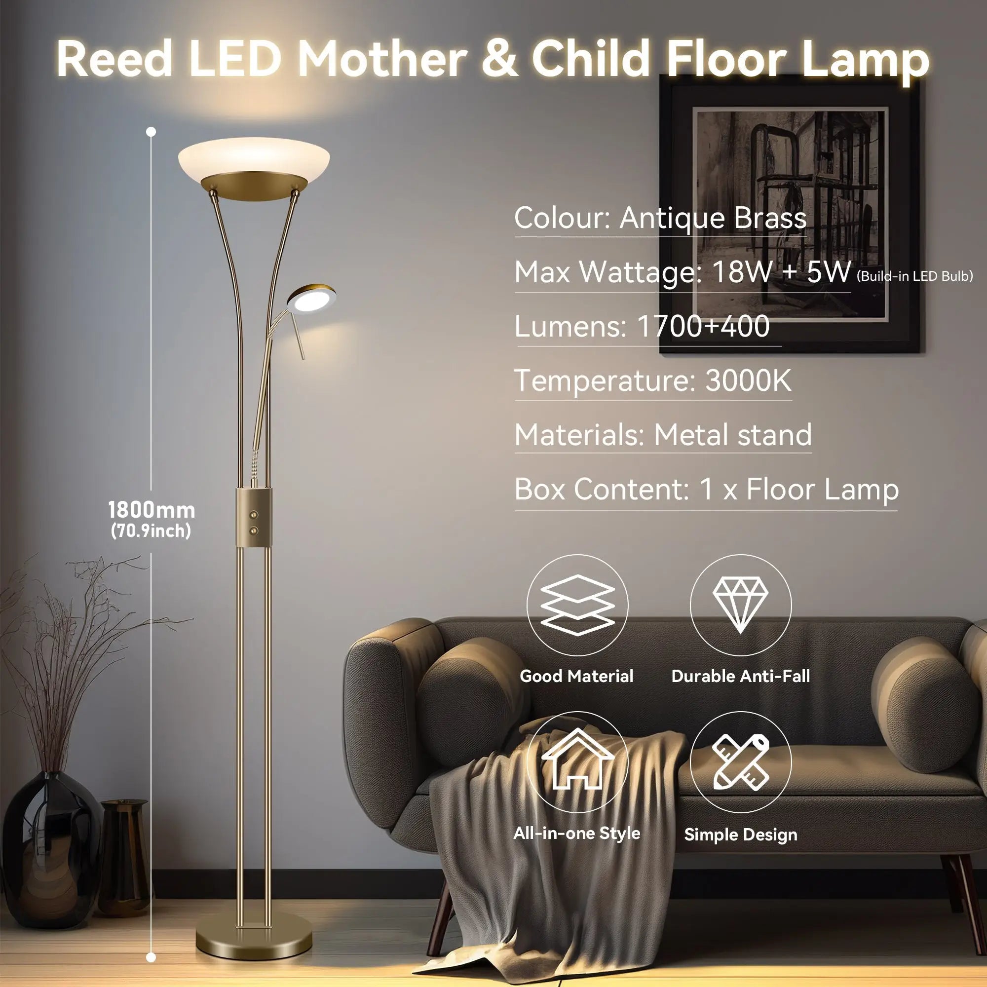 Reed Led Mother & Child Floor Lamp - Antique Brass