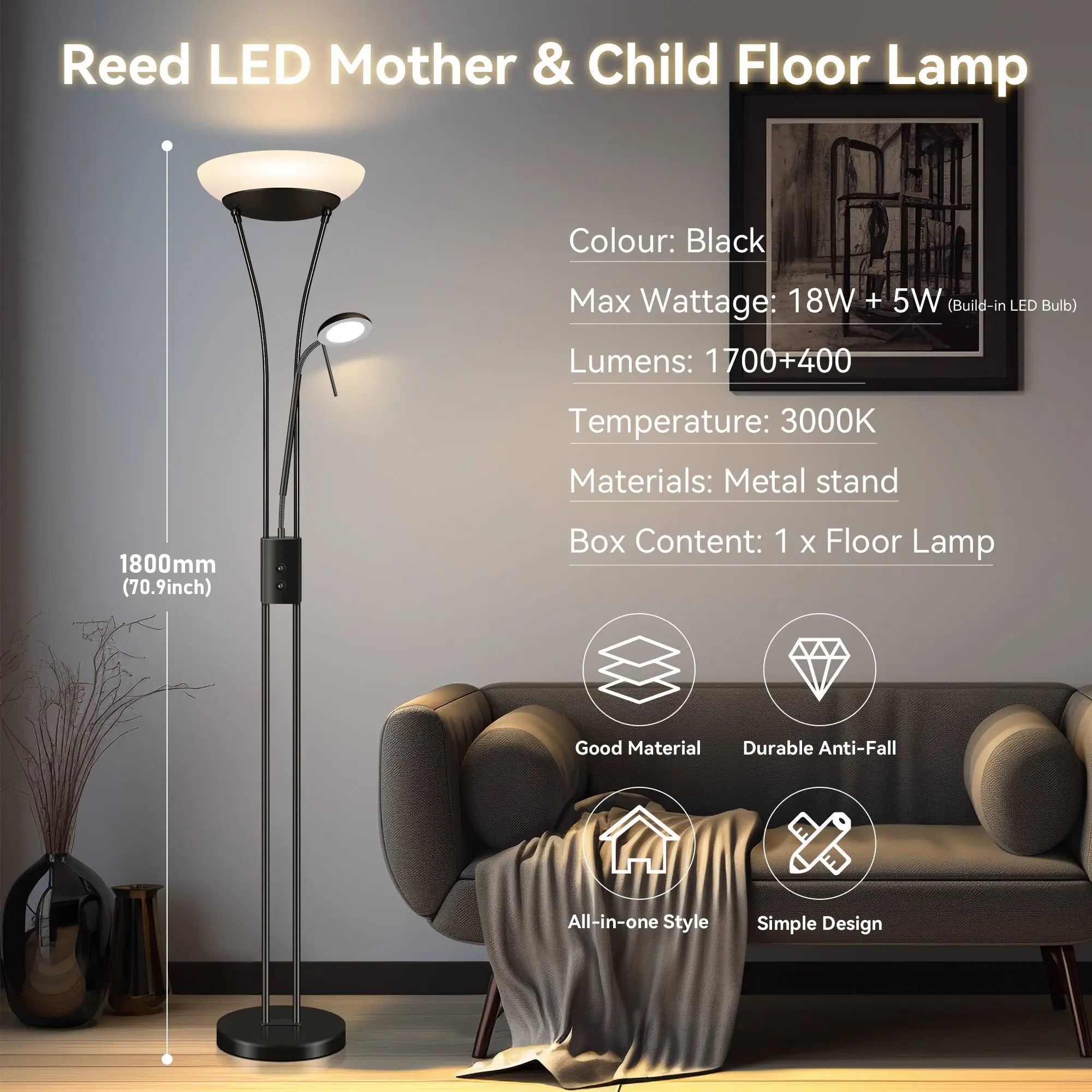 Reed Led Mother & Child Floor Lamp - Black Lexi