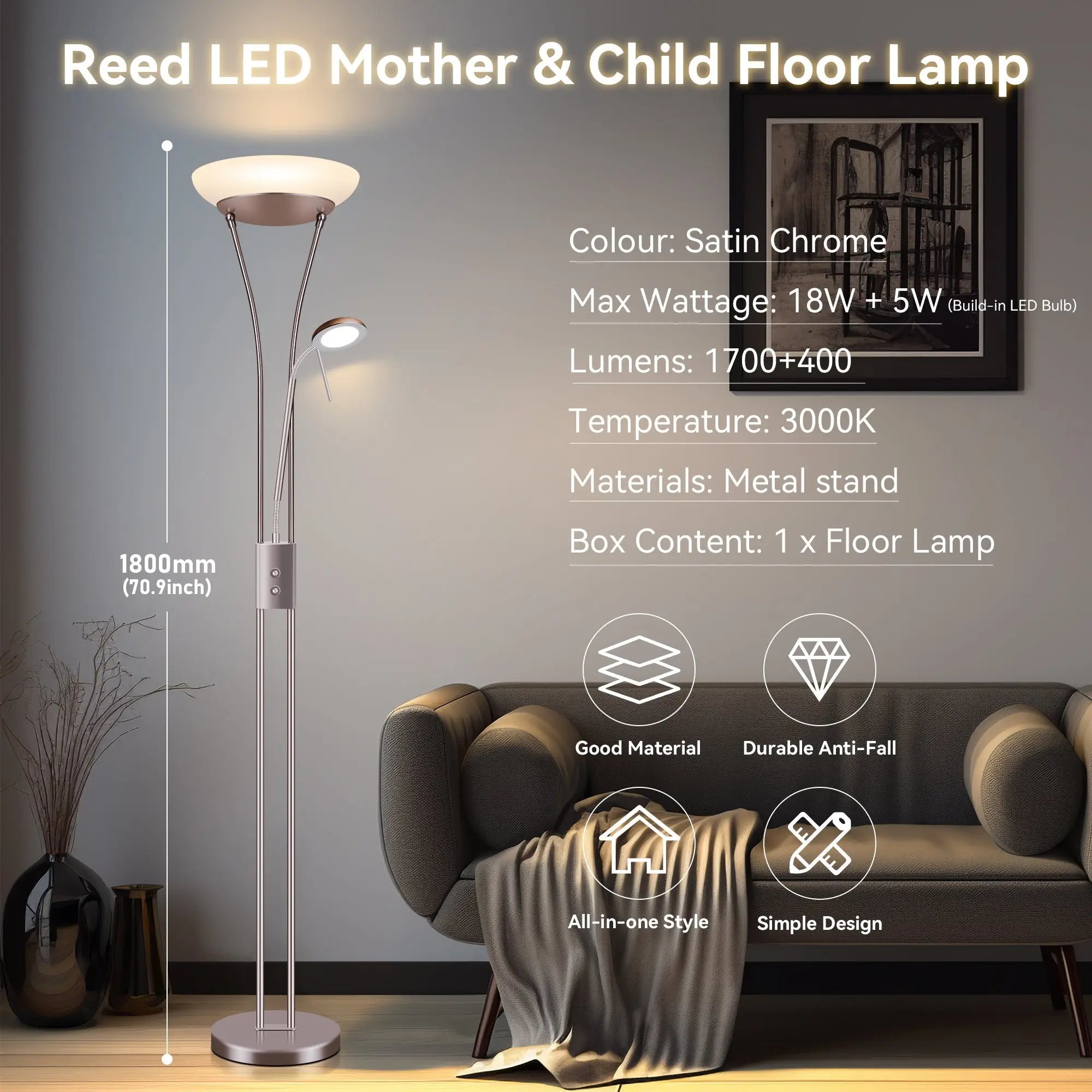 Reed Led Mother & Child Floor Lamp - Satin Chrome Lexi