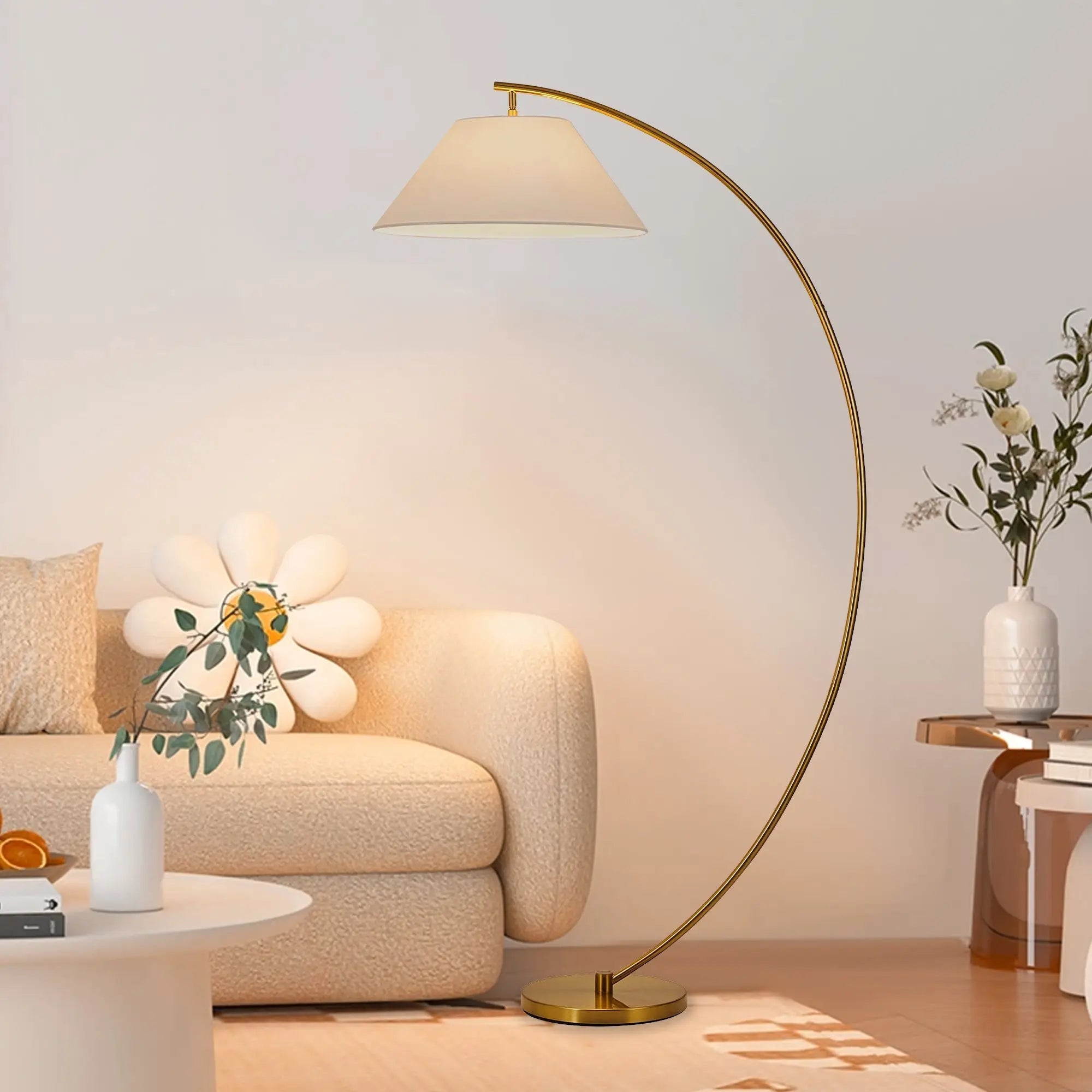 Remi floor lamp black brass with arched design, white conical shade