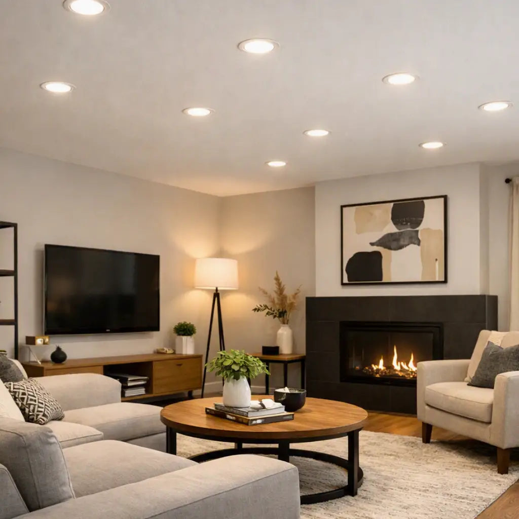 Dimmable Reno 12W LED downlights illuminating a modern Australian living room.