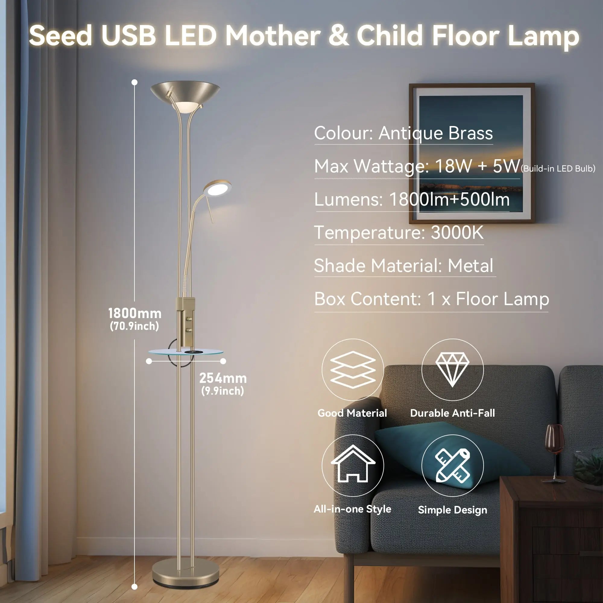 Seed Usb Led Mother & Child Floor Lamp - Antique Brass