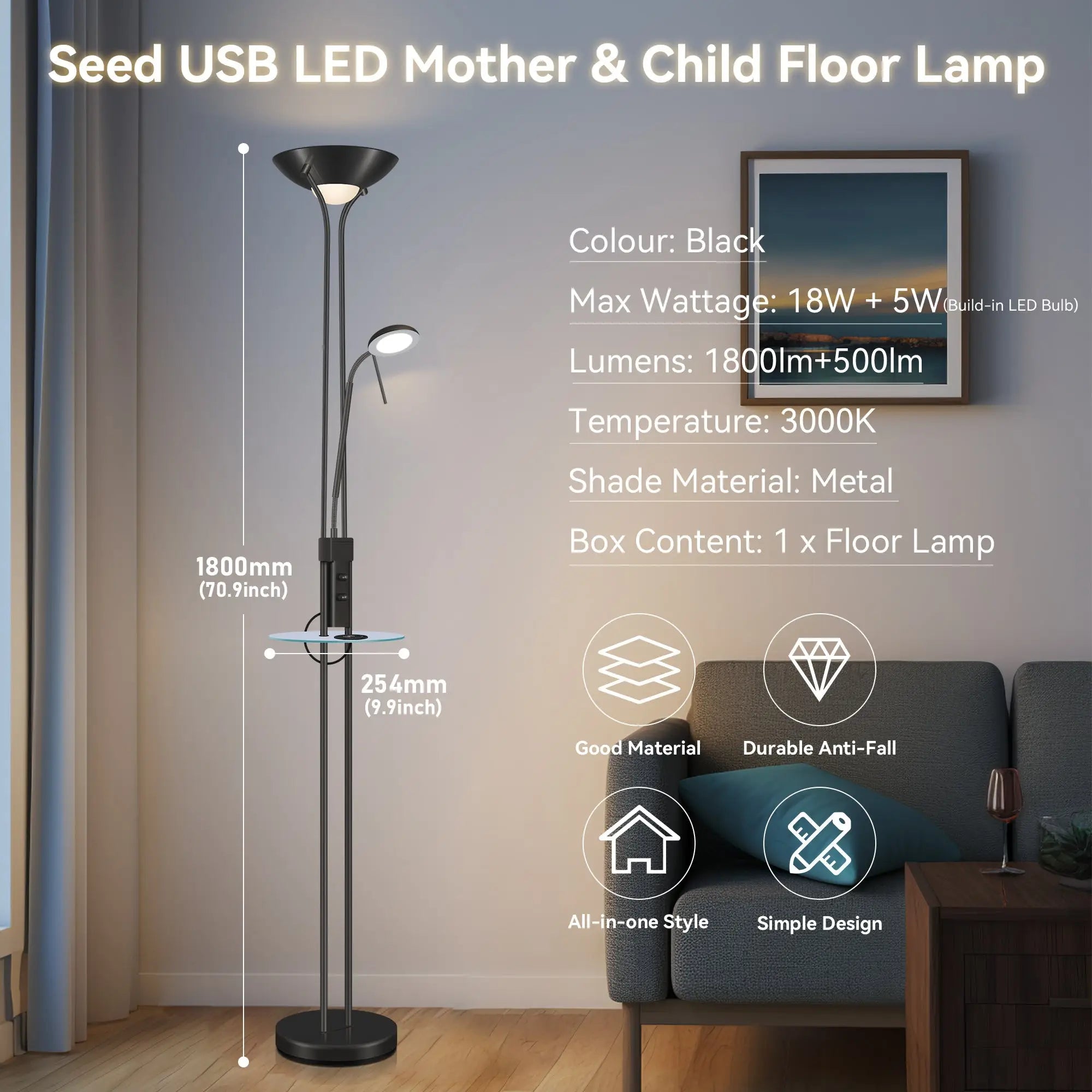 Seed Usb Led Mother & Child Floor Lamp - Black Lexi