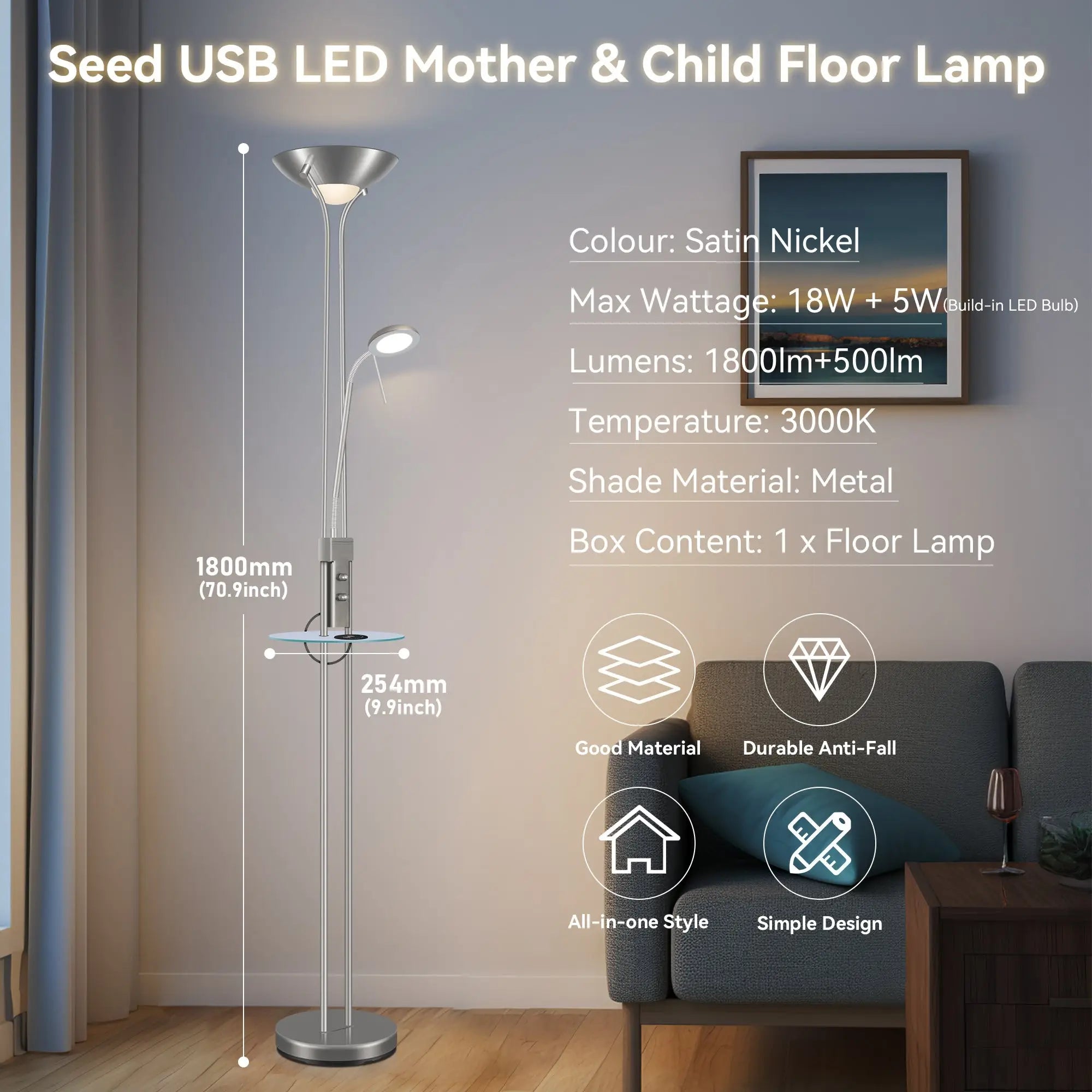 Seed Usb Led Mother & Child Floor Lamp - Satin Chrome