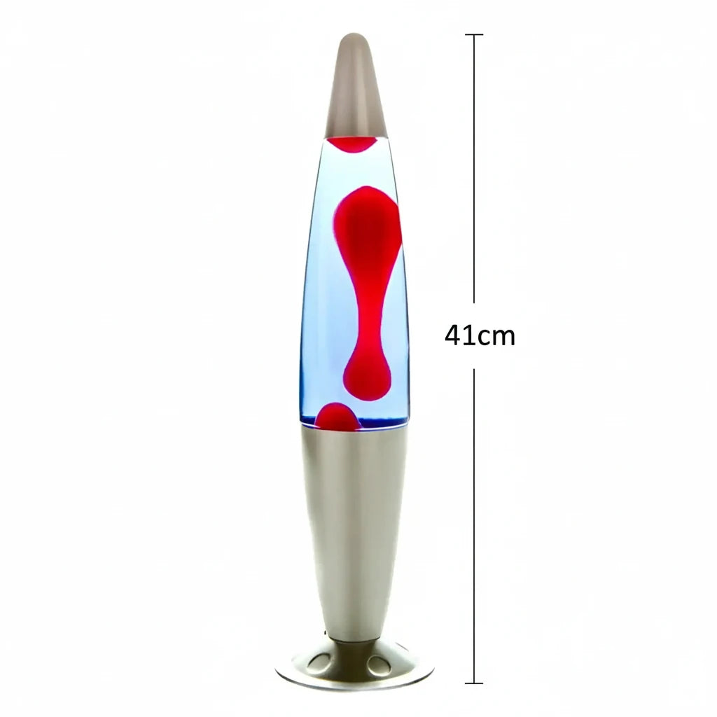 Silver red blue peace motion lamp with red wax in blue liquid and a silver base and cap lava lamp design