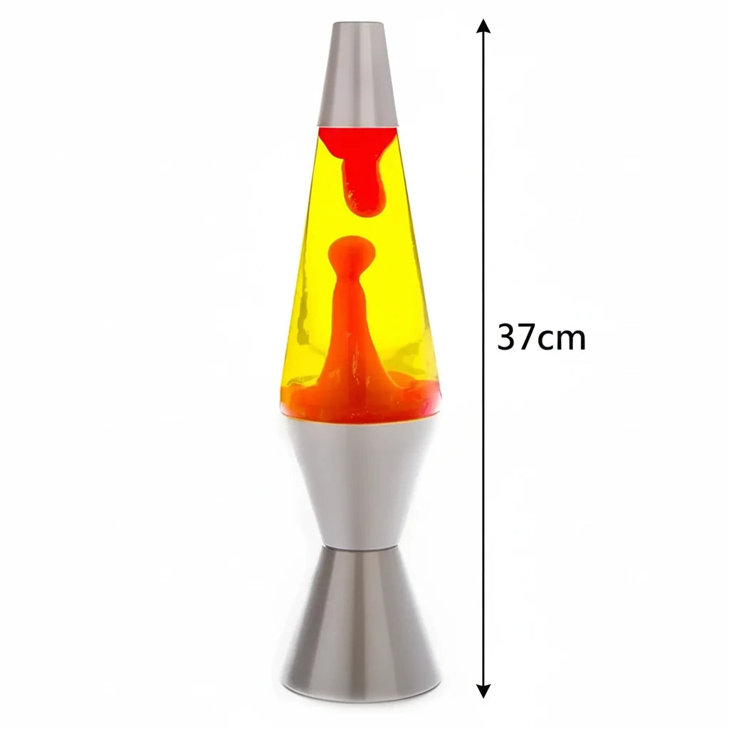 Silver red yellow diamond motion lava lamp with red-orange wax yellow fluid in clear glass cone on silver base