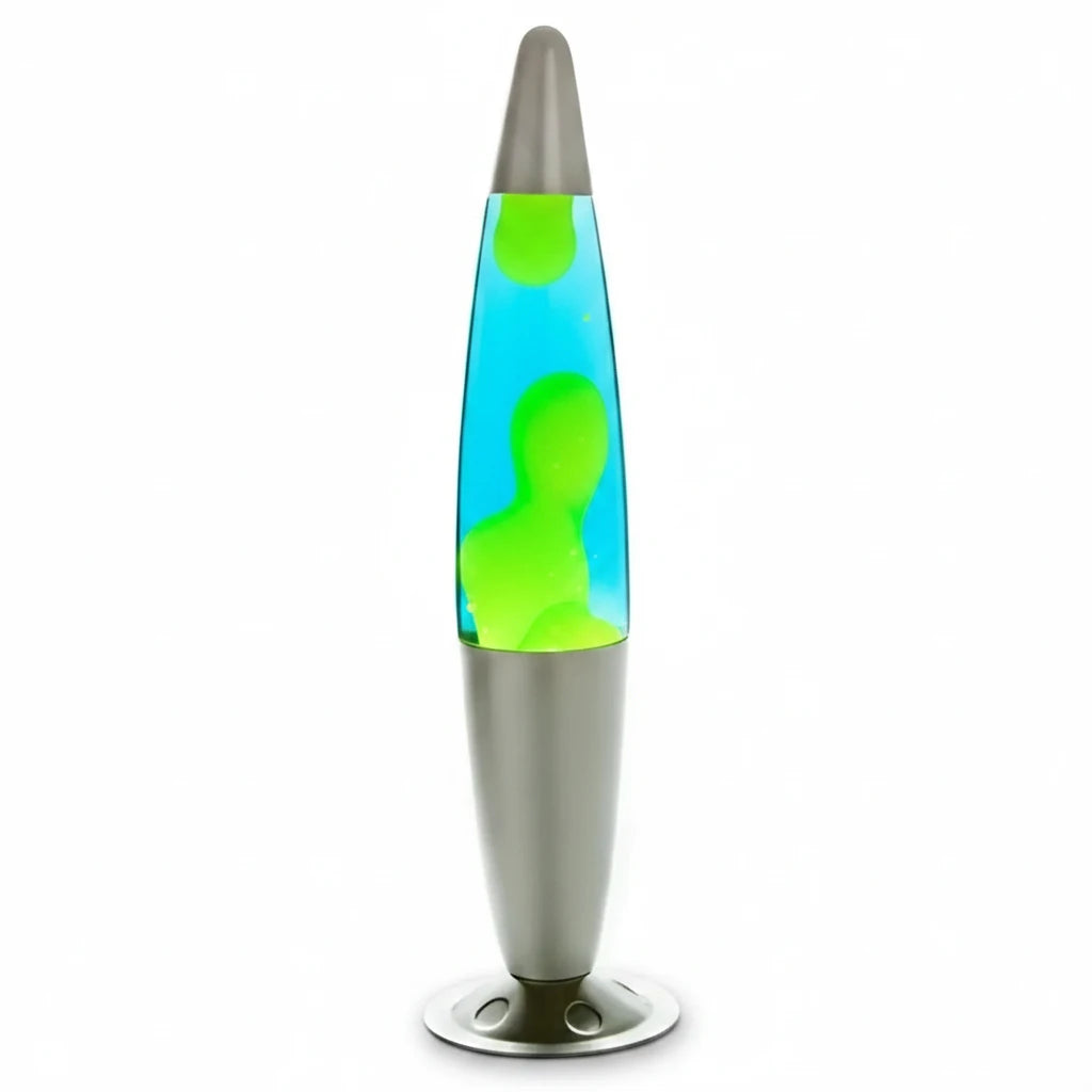 Silver yellow blue peace motion lamp with a silver base, vibrant blue liquid, and bright green wax blobs